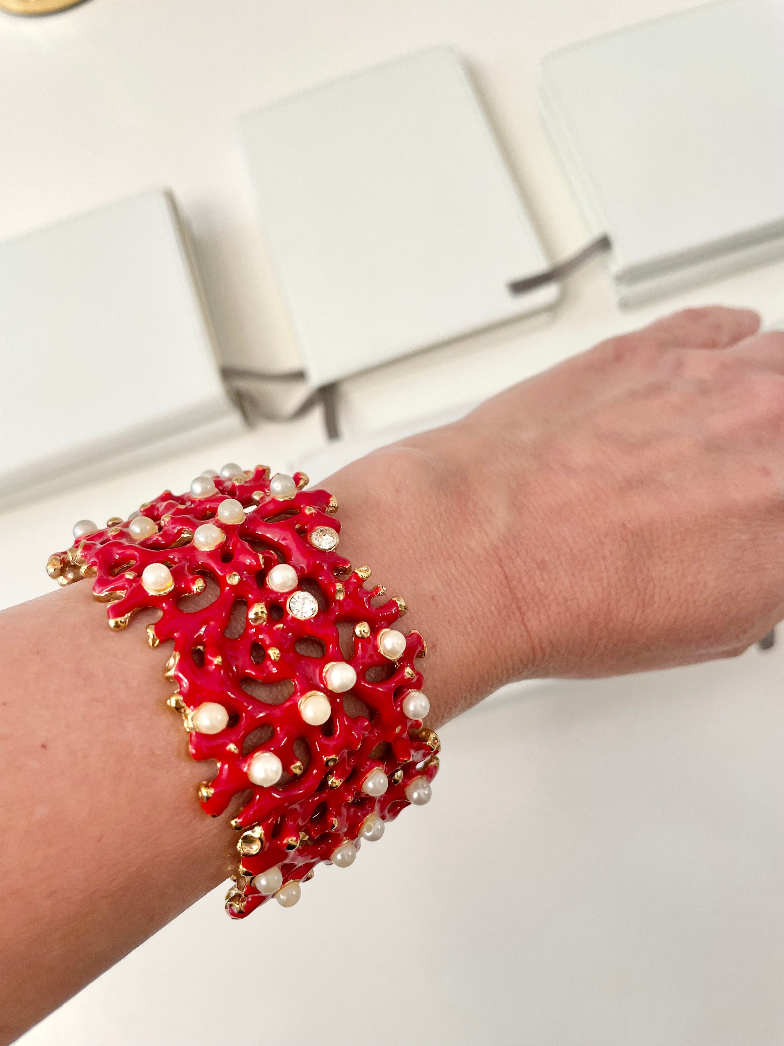 Kenneth Jay Lane, lovely coral cuff bracelet, with a dusting of pearls, and rhinestones! so chic