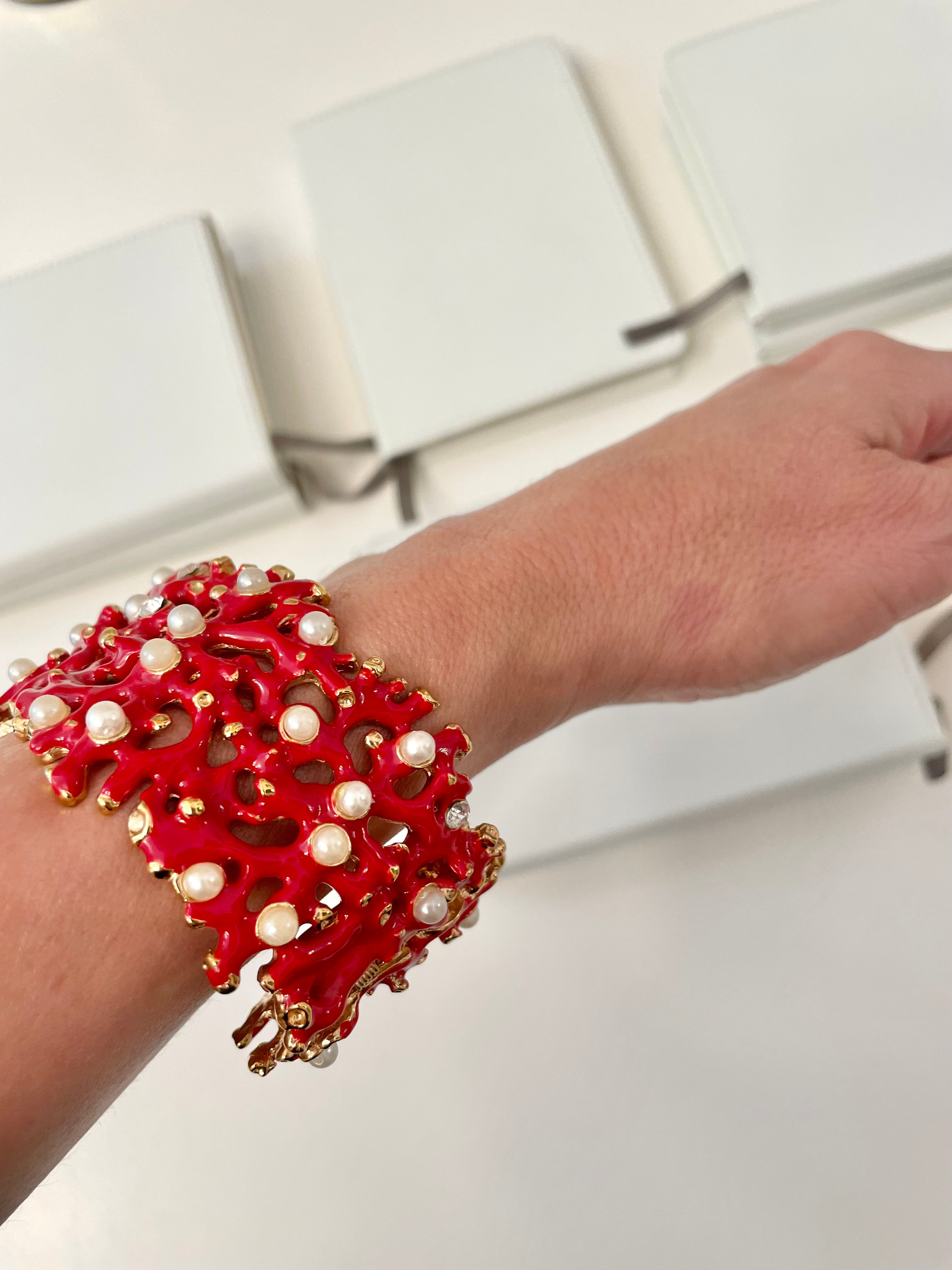 Kenneth Jay Lane, lovely coral cuff bracelet, with a dusting of pearls, and rhinestones! so chic