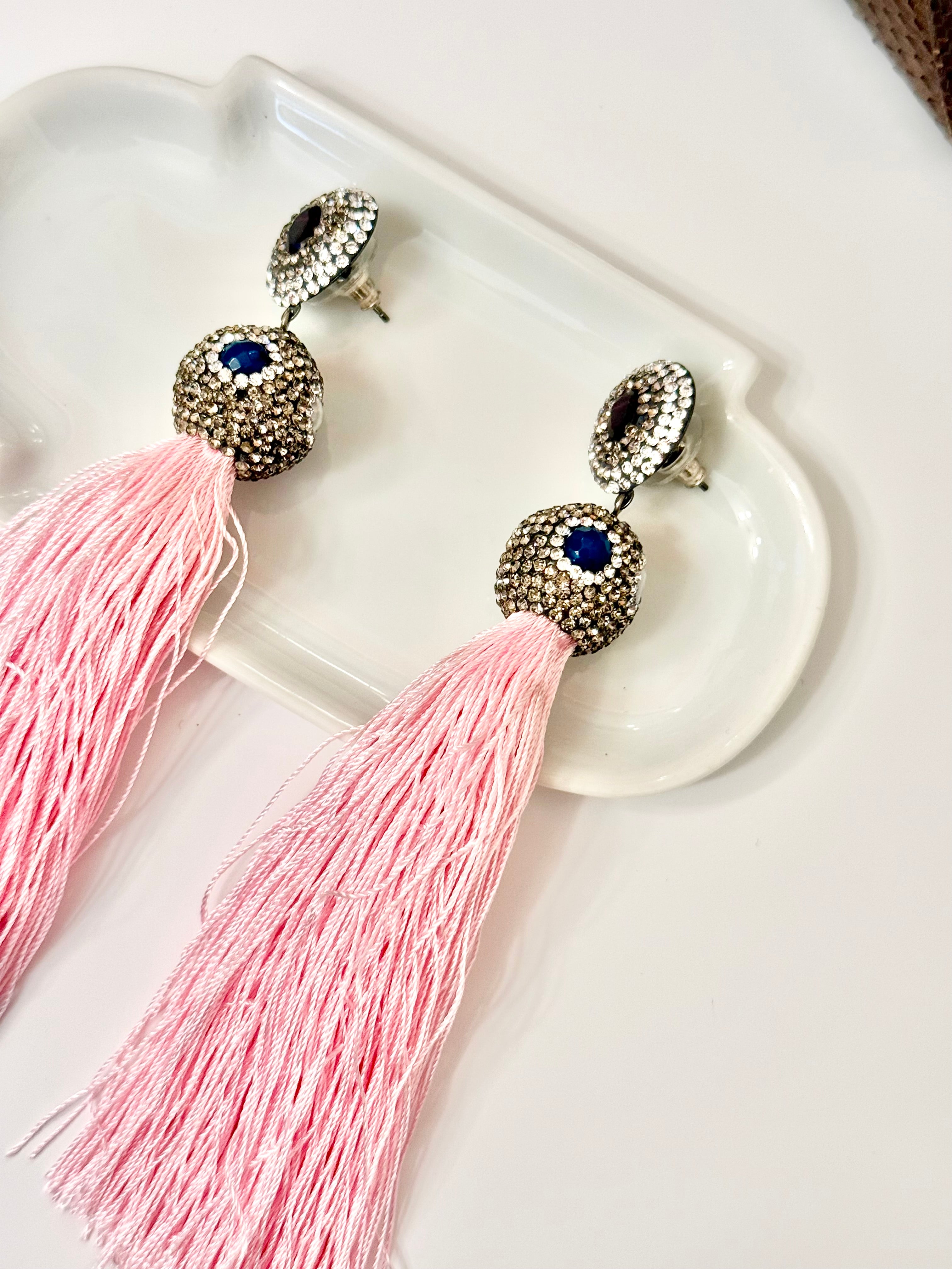 The most lovely pink tassel earrings with semi precious stones