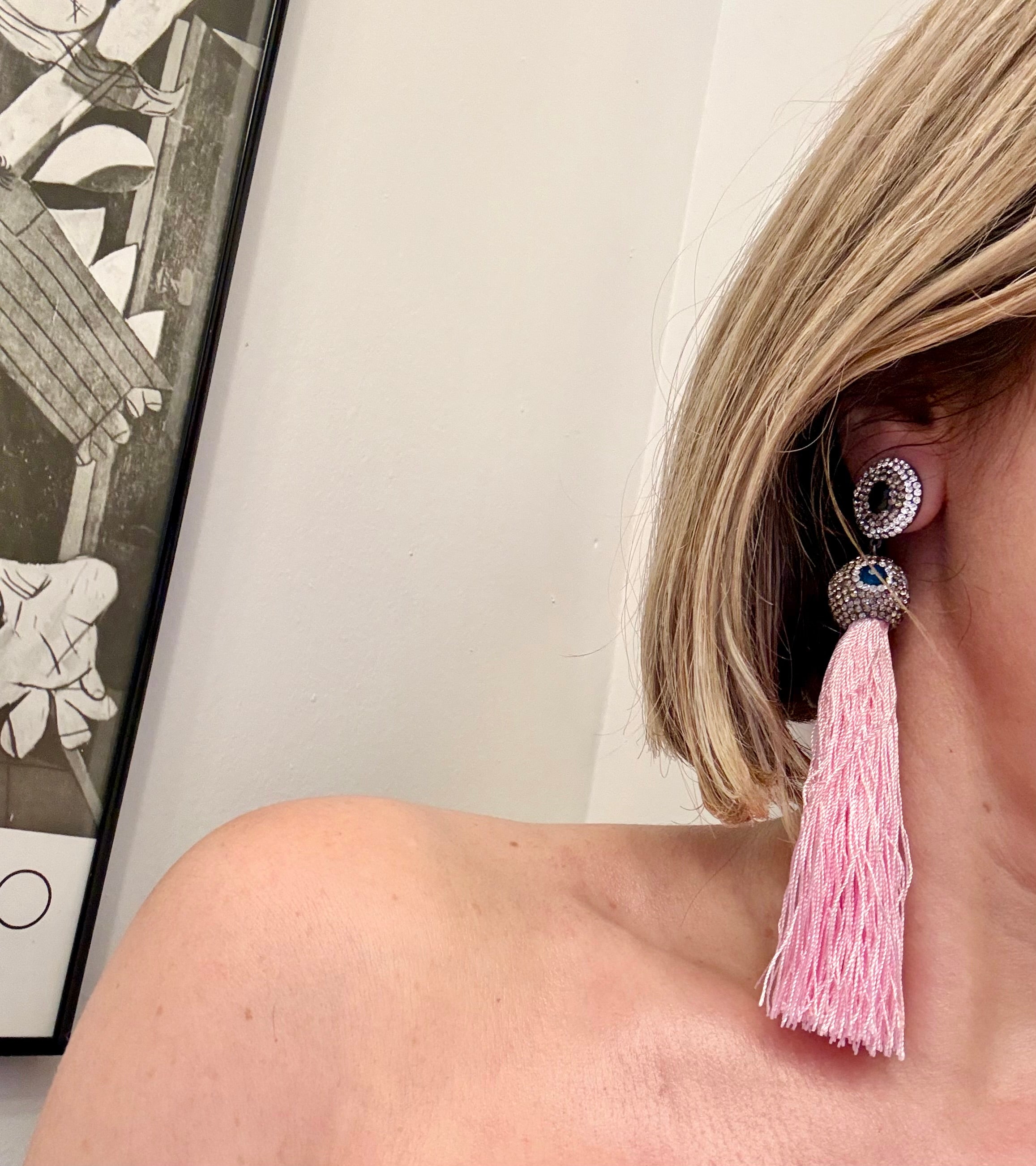 The most lovely pink tassel earrings with semi precious stones