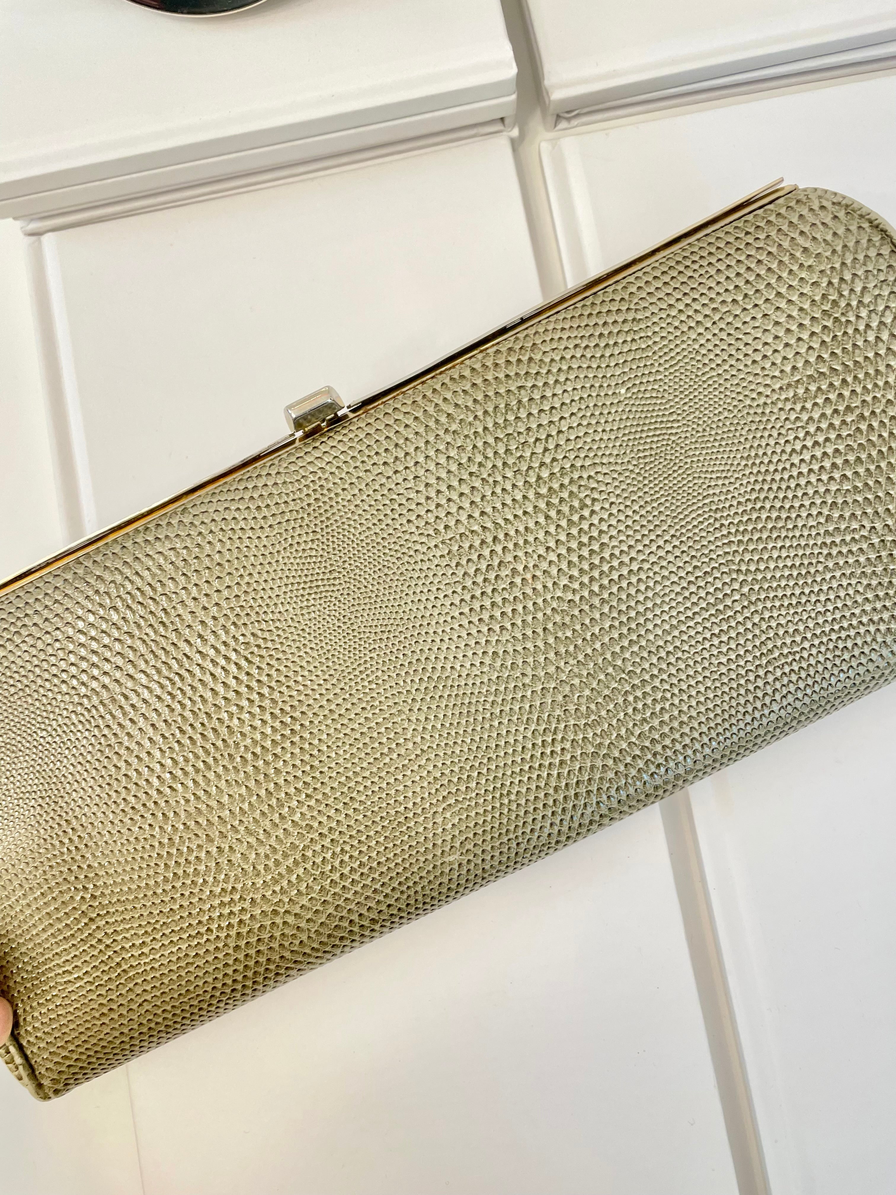 Vintage 1960's truly classy faux lizard moss green clutch bag.... so timeless