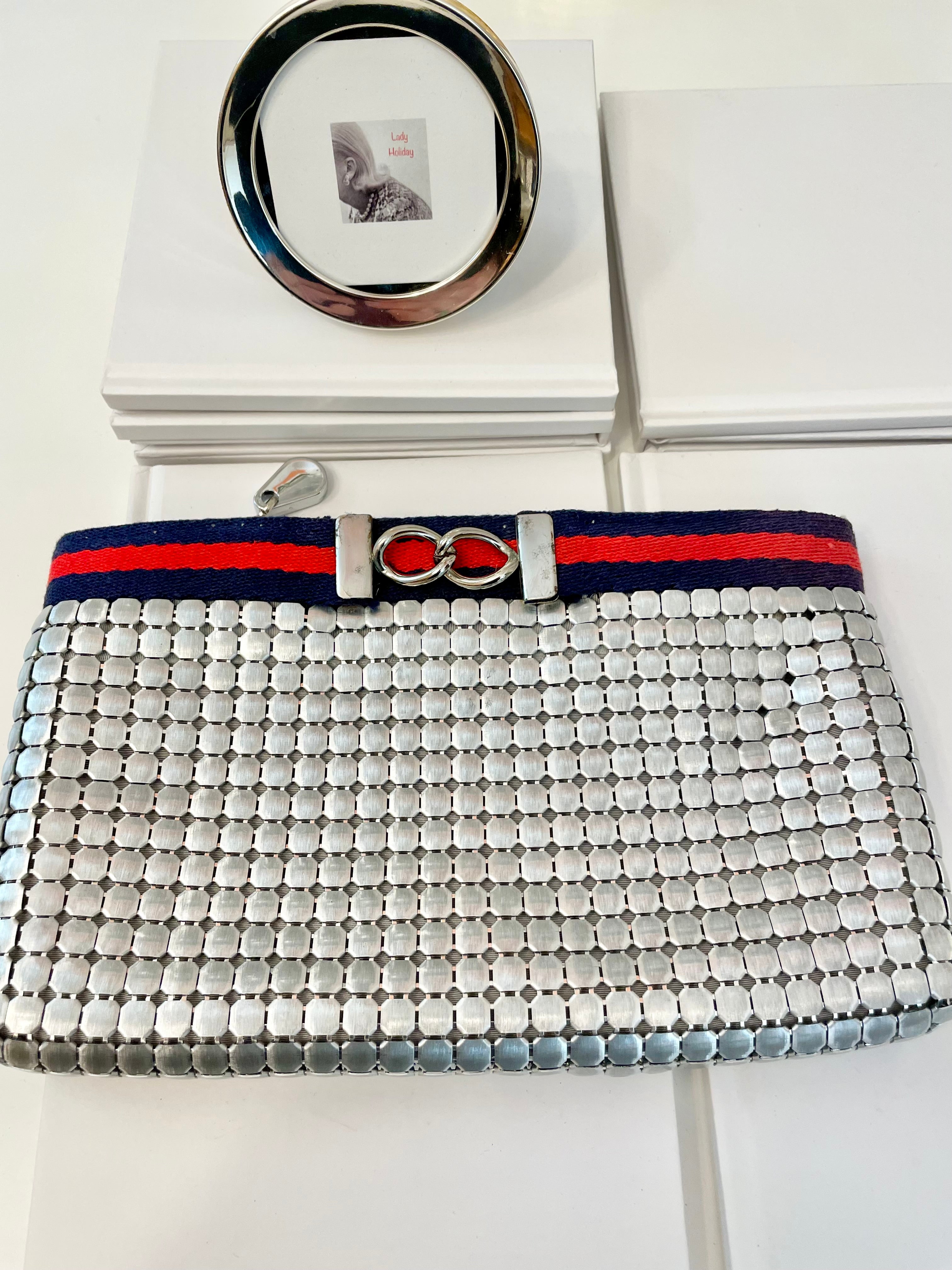 Vintage Whiting and Davis snazzy silver clutch bag, adorned with preppy ribbon!