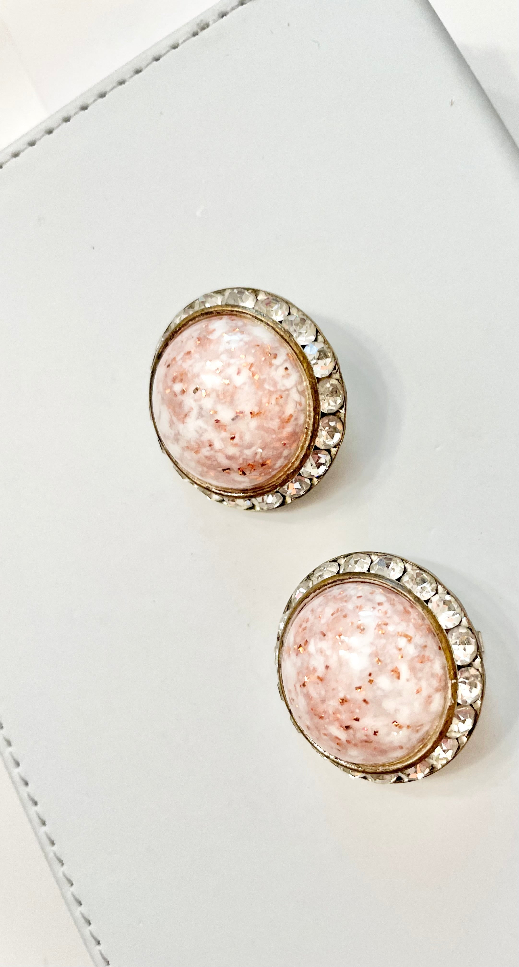 1960's soft pink button earrings, framed with clear glass stones, so delightful!