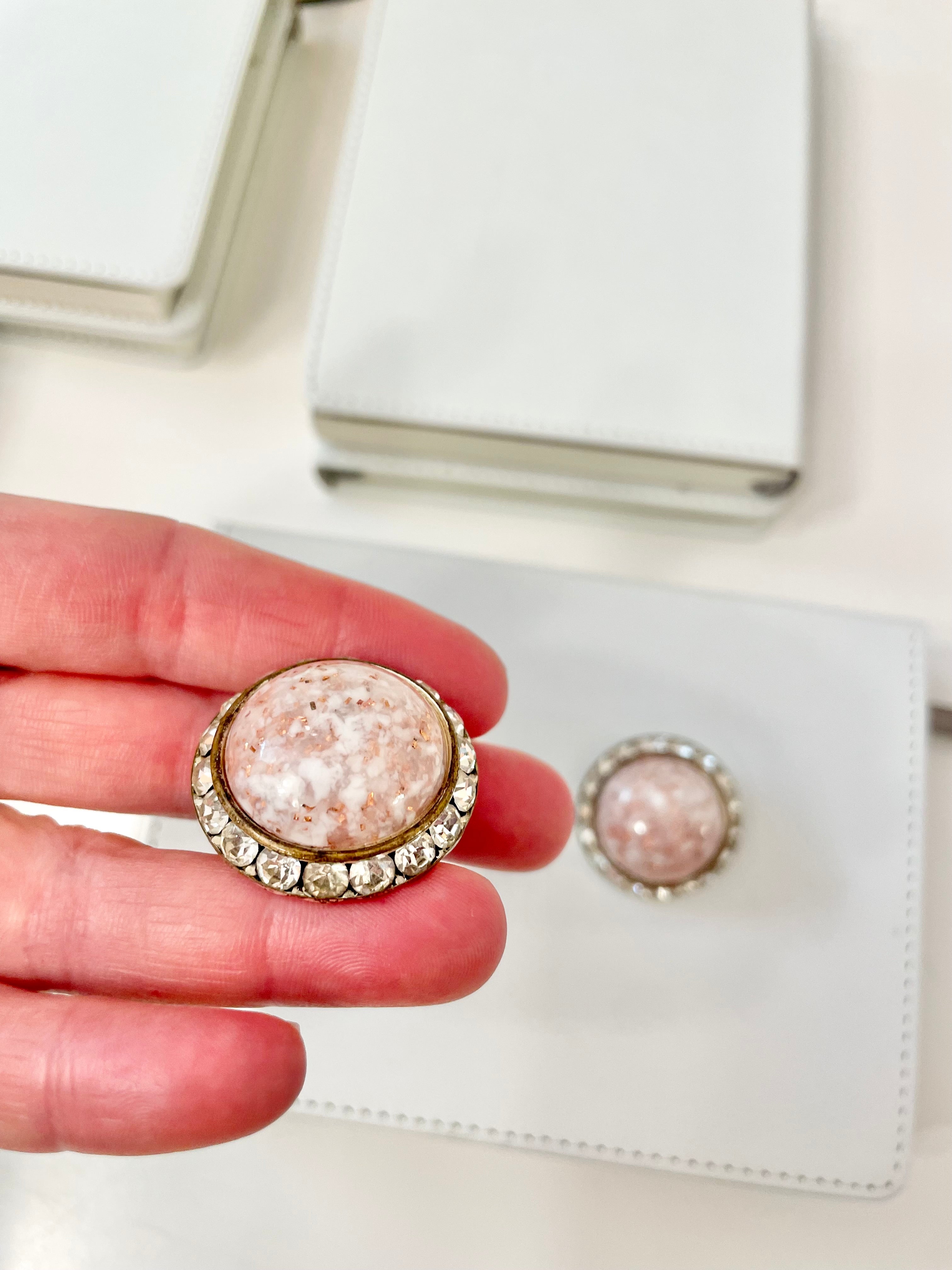 1960's soft pink button earrings, framed with clear glass stones, so delightful!