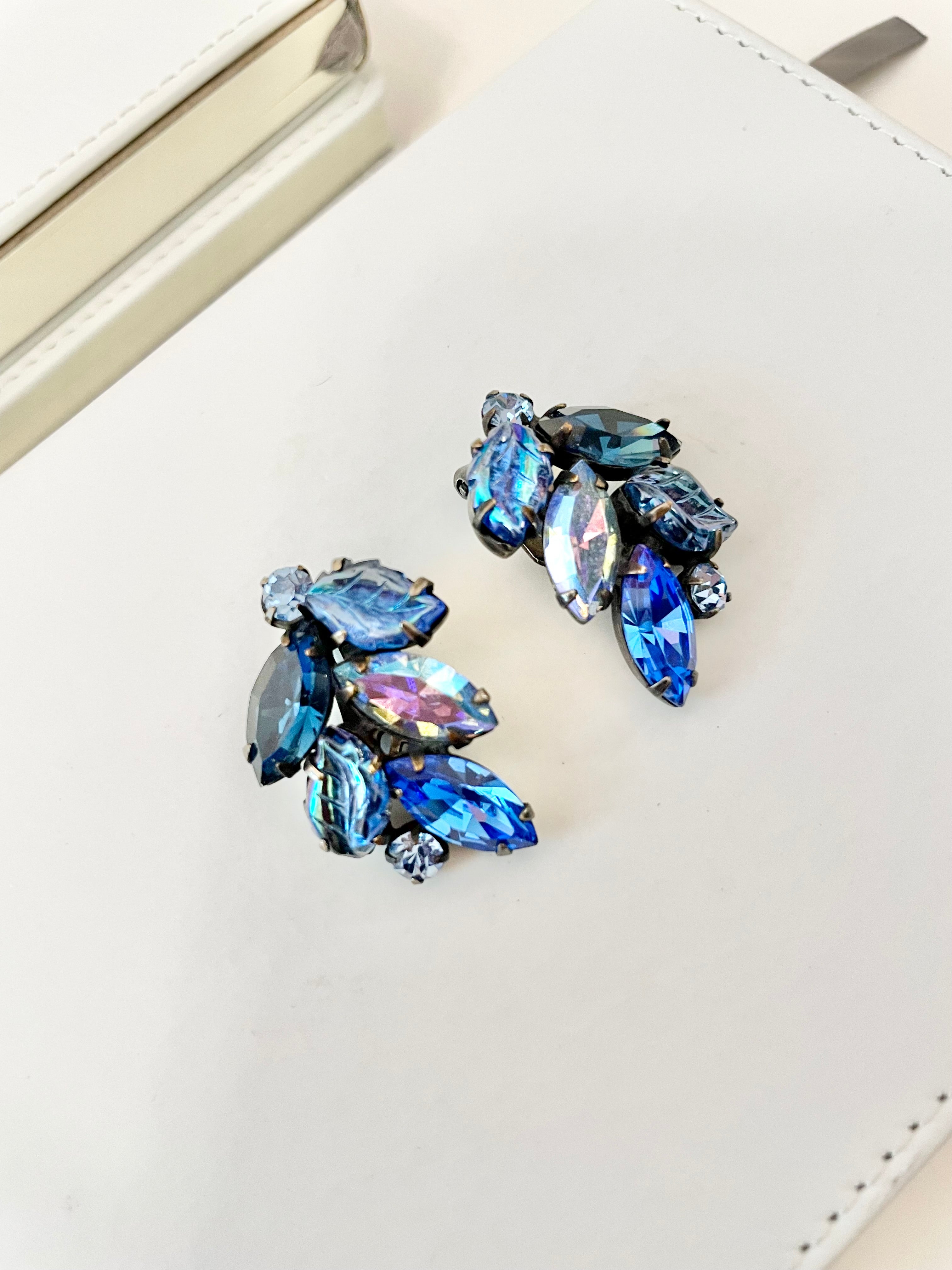 Vintage 1960's elegant Czech blue glass clip on earrings... so extraordinary