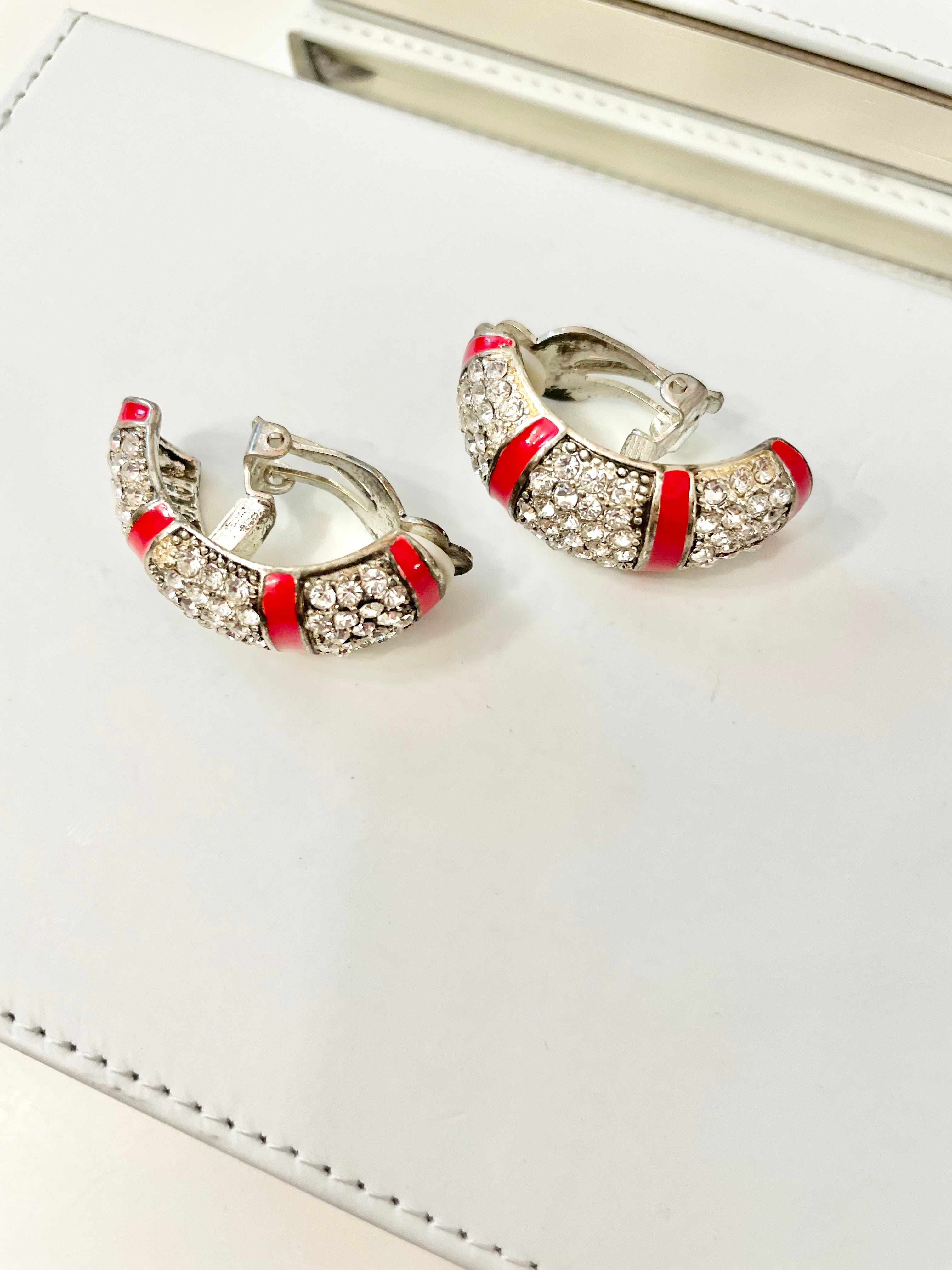 Vintage 1970's pave set stone hoop style clip on earrings, with red enamel details... so classy