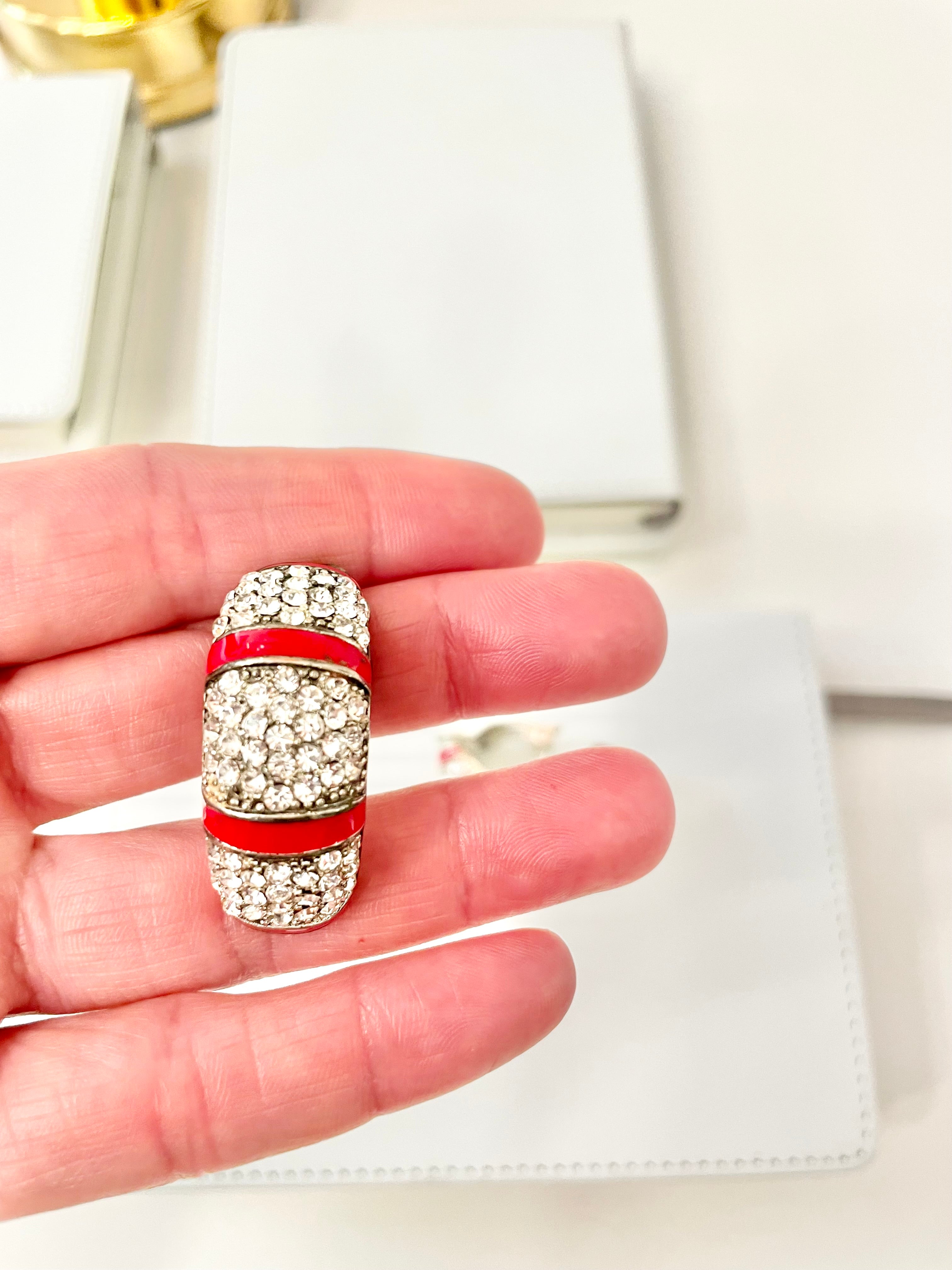 Vintage 1970's pave set stone hoop style clip on earrings, with red enamel details... so classy