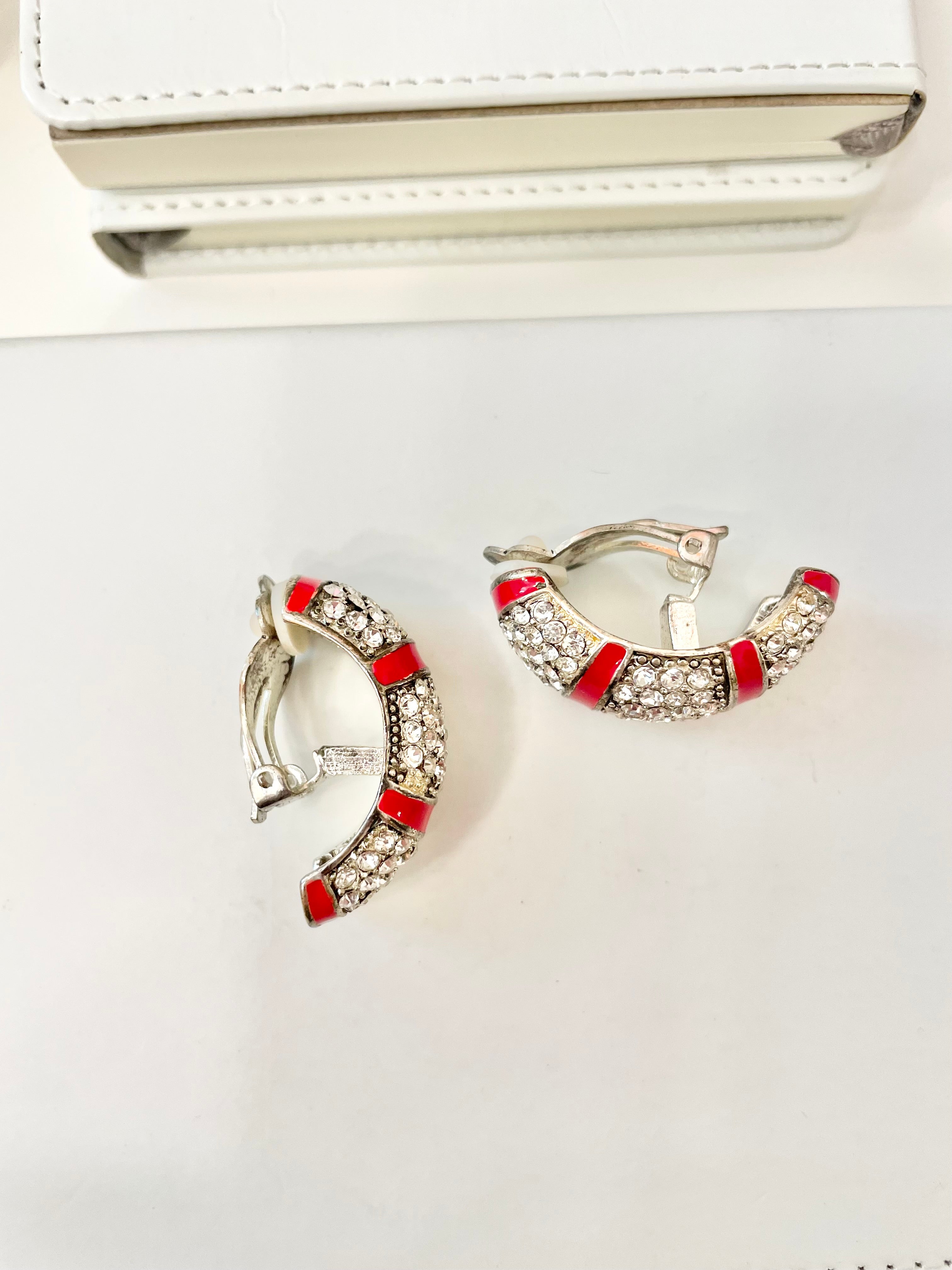 Vintage 1970's pave set stone hoop style clip on earrings, with red enamel details... so classy