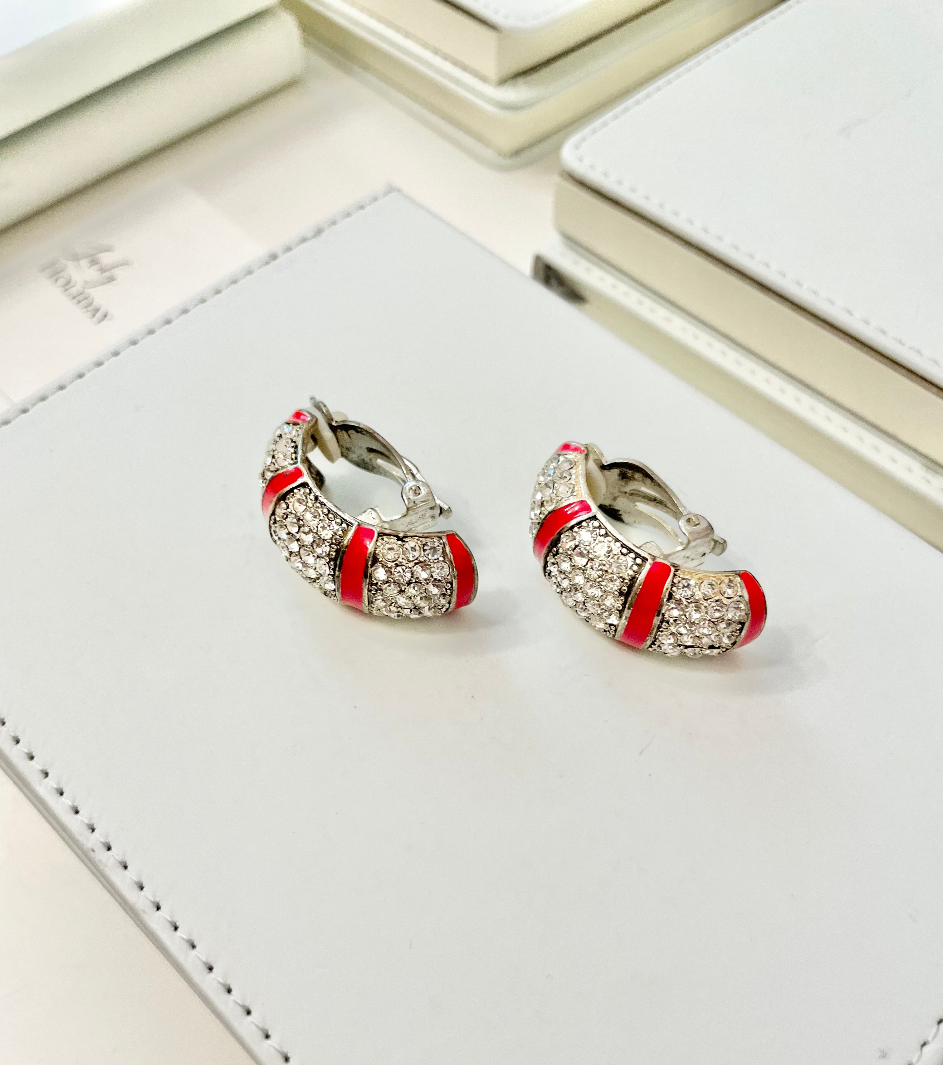Vintage 1970's pave set stone hoop style clip on earrings, with red enamel details... so classy