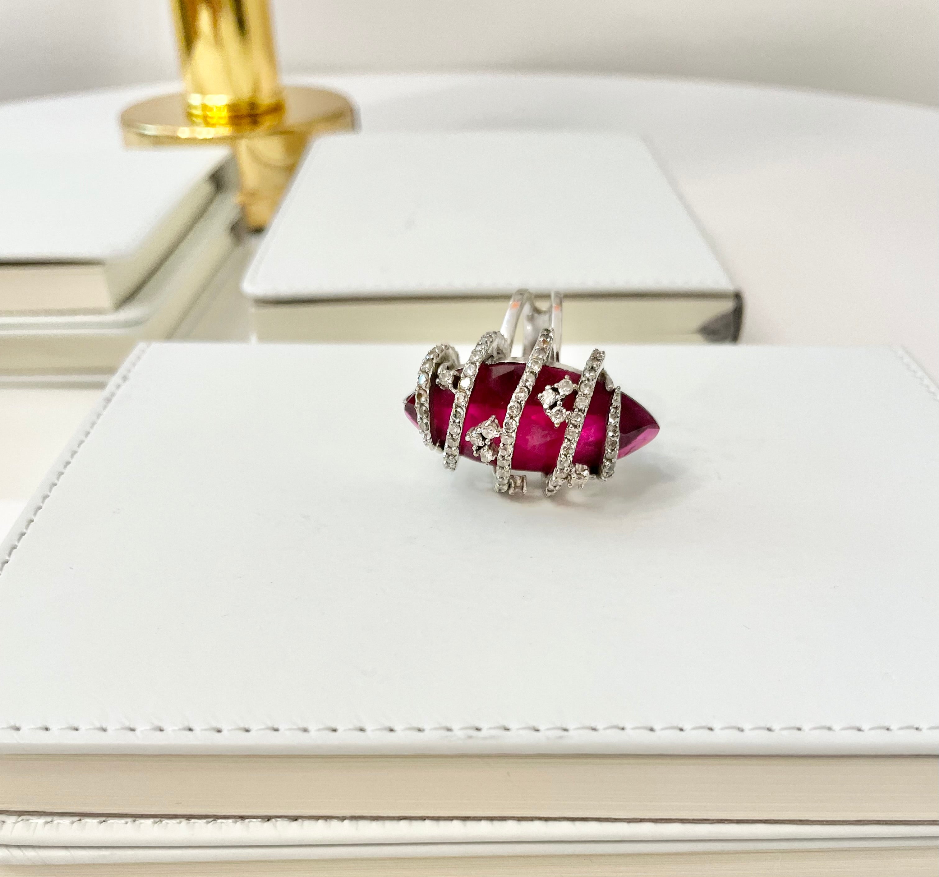 Cocktail, and cocktail rings, this unique, and stunning ruby glass ring.. is a showstopper!