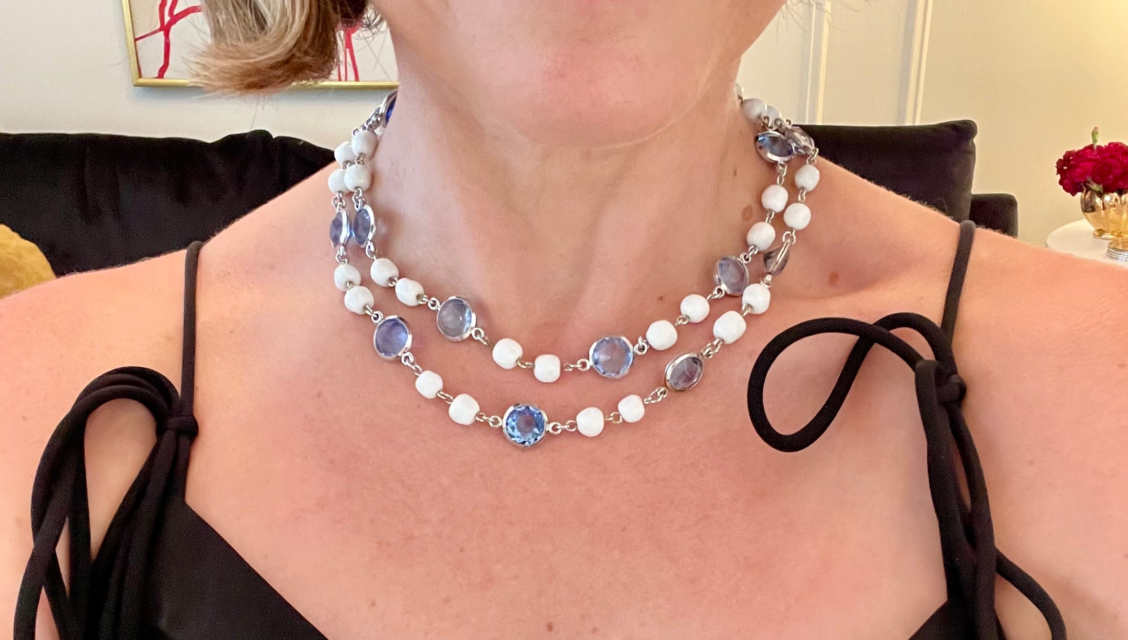 The most divine blue and white glass multi strand necklace.... so elegant