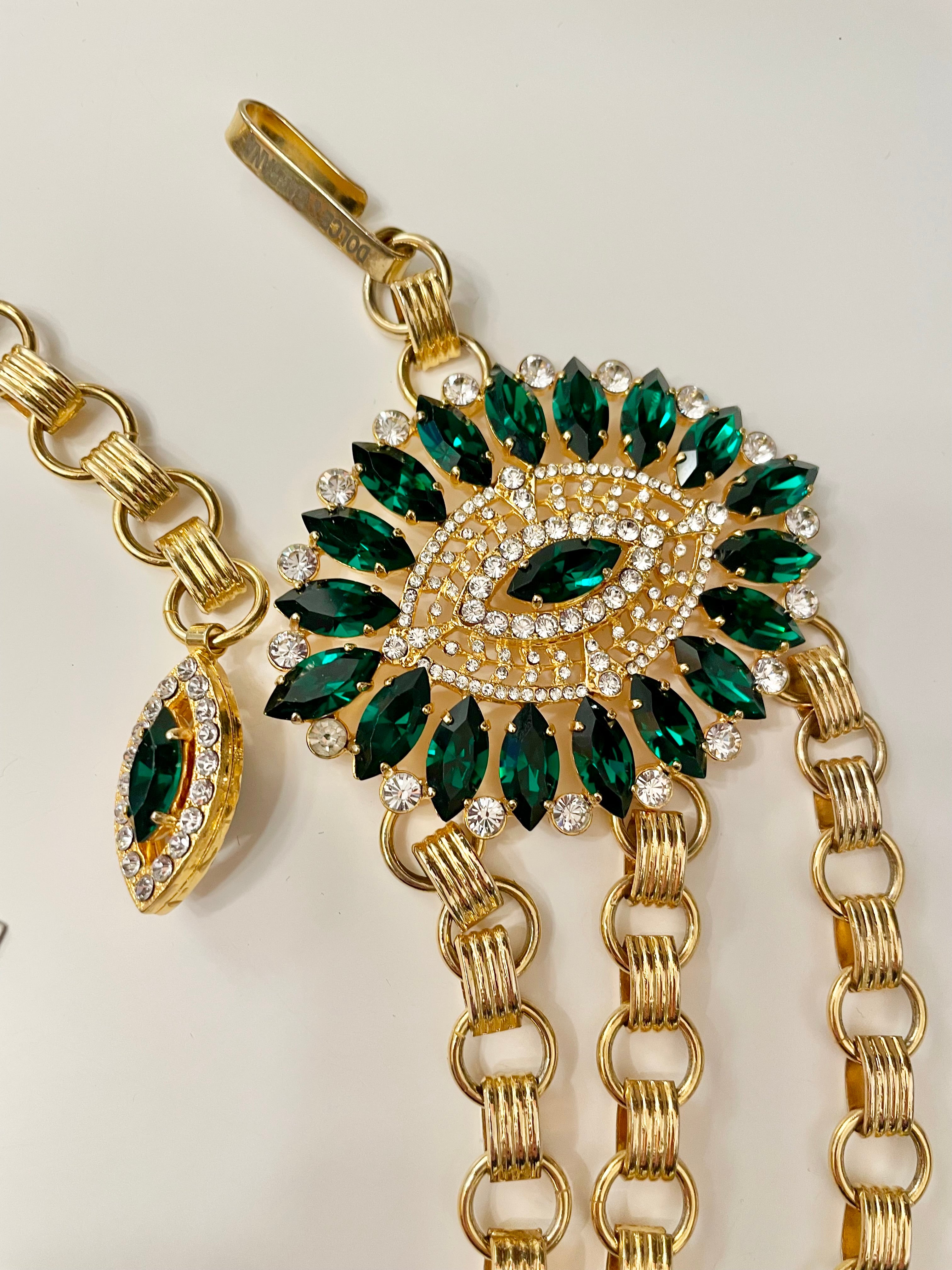 The Socialite ... sporting this divine Dolce and Gabbana emerald glass stone chain belt. Couture!!!