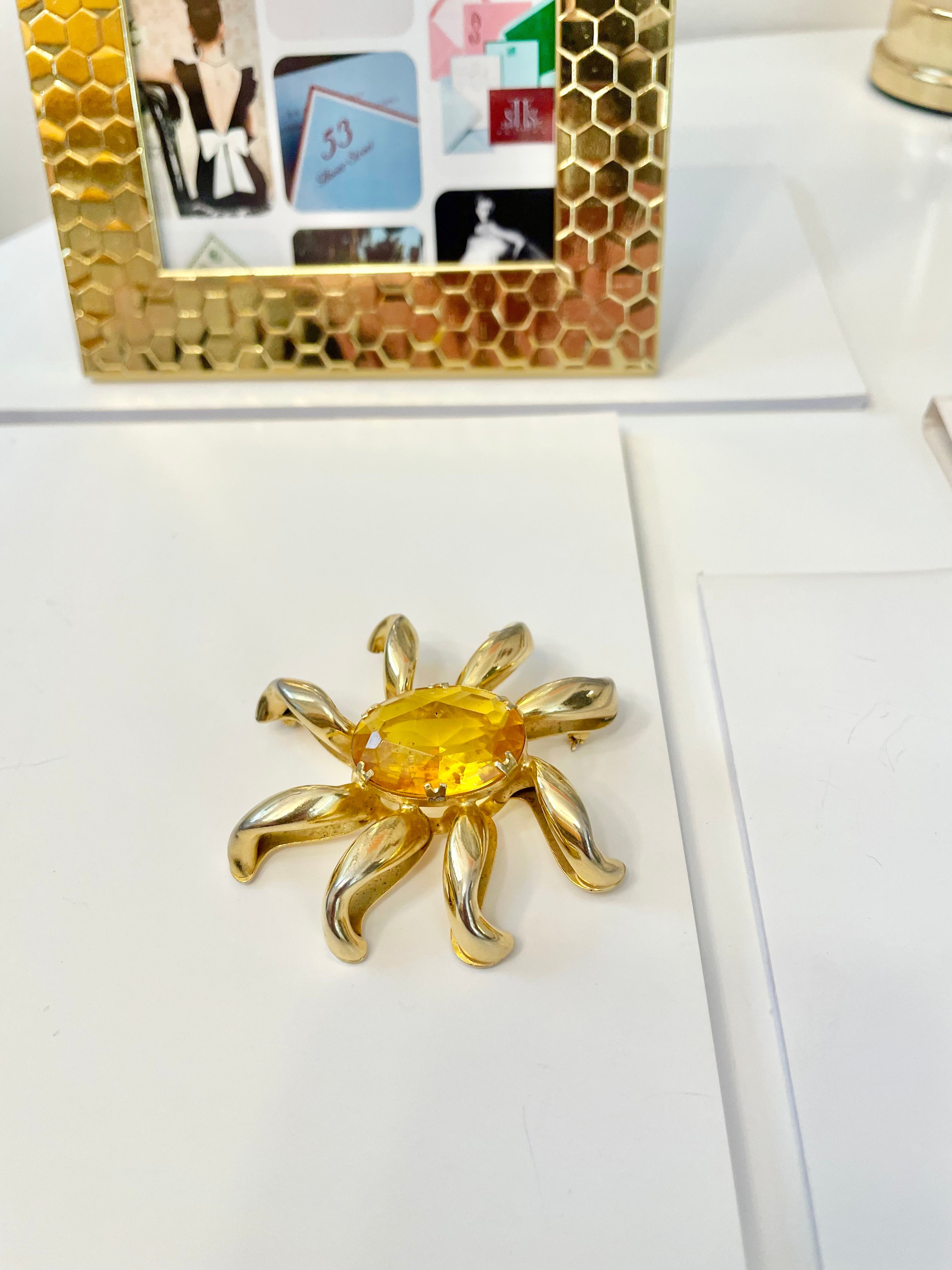 The most divine citrine glass, starburst gold classy brooch...