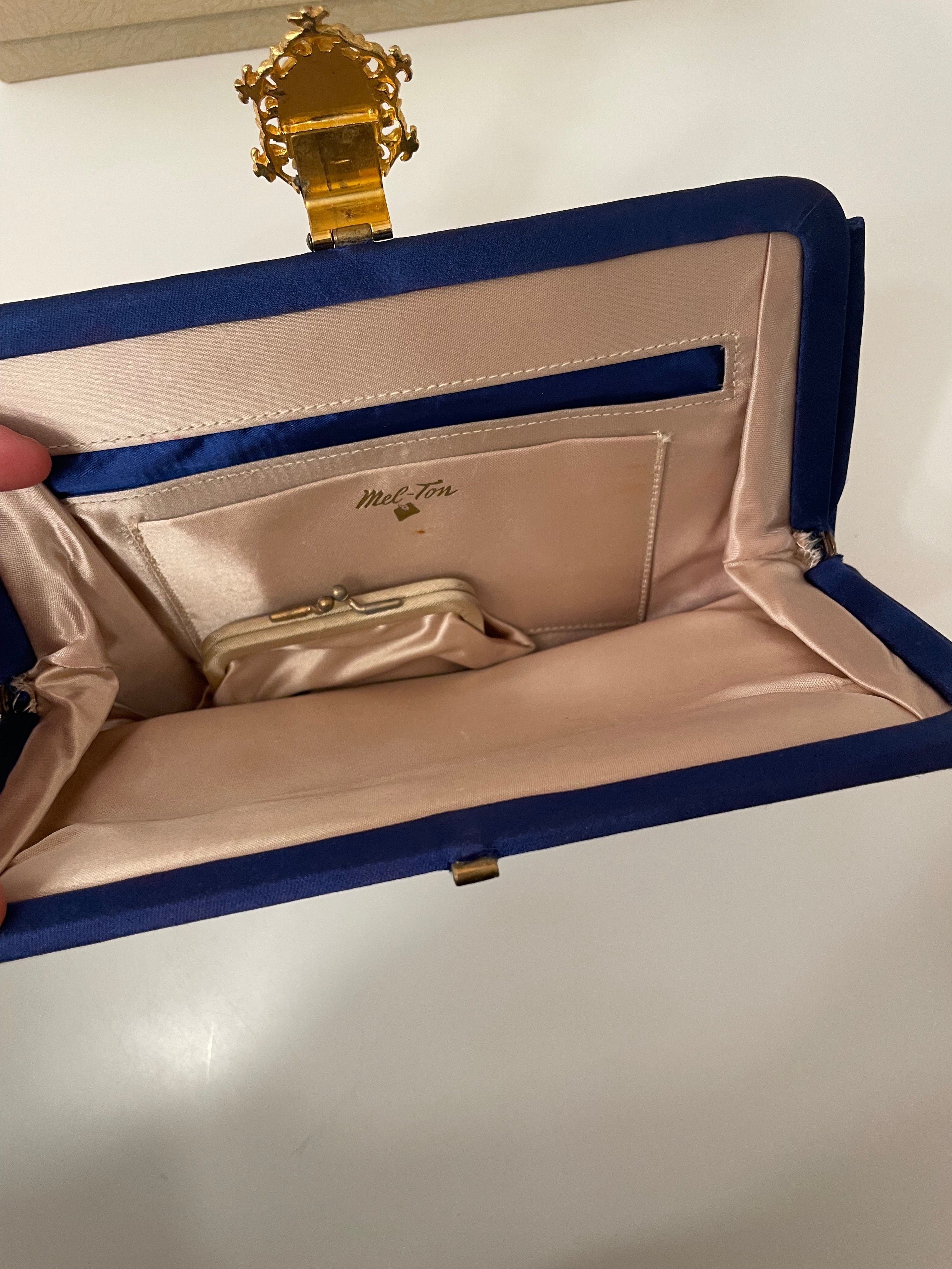 Glamorous and chic, 1960's vintage rich royal blue satin clutch bag, with stunning closure...so elegant