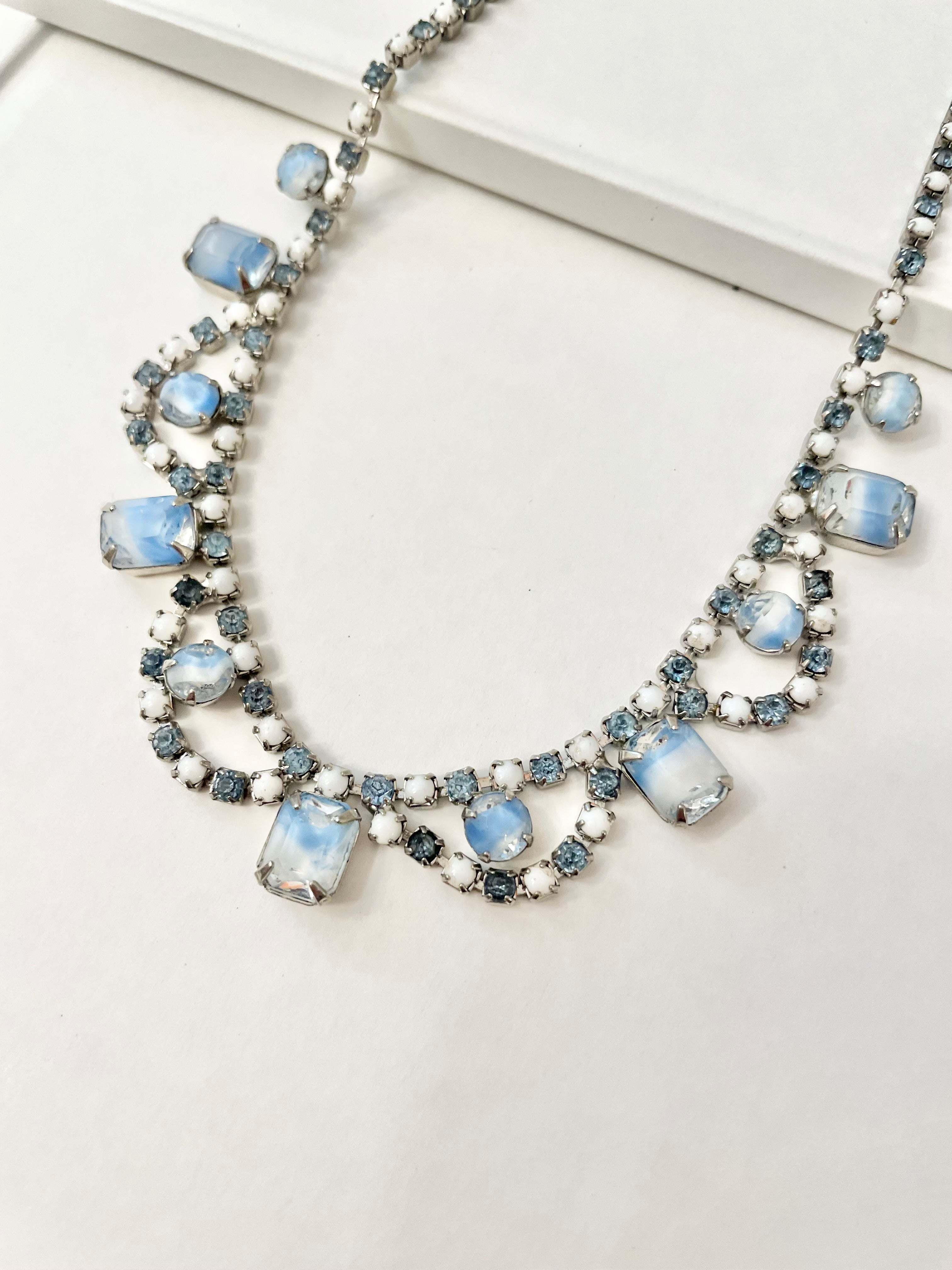 1960's elegant soft blue glass collar necklace.. looks divine to layer pearls to this lovely necklace..necl