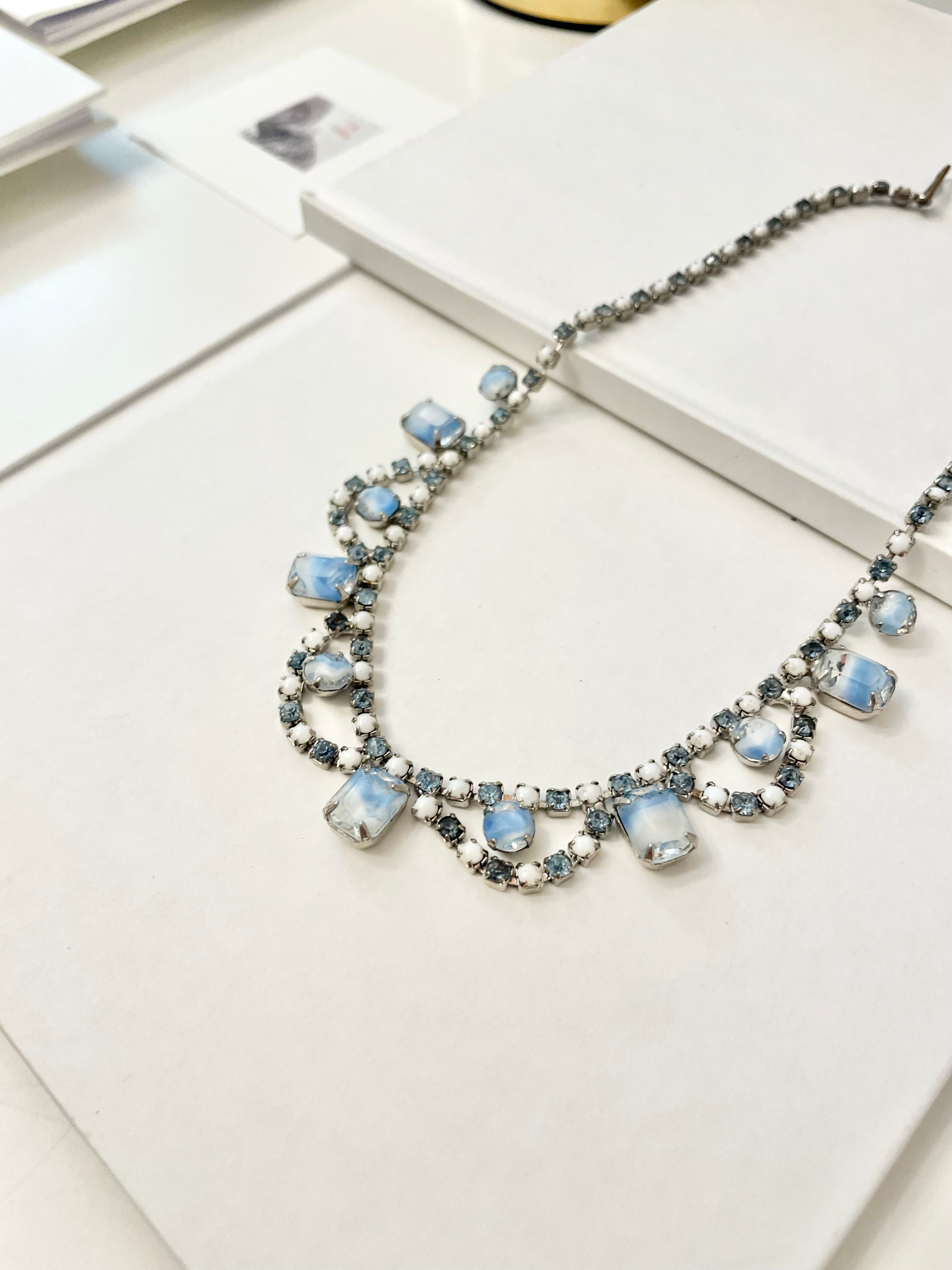 1960's elegant soft blue glass collar necklace.. looks divine to layer pearls to this lovely necklace..necl