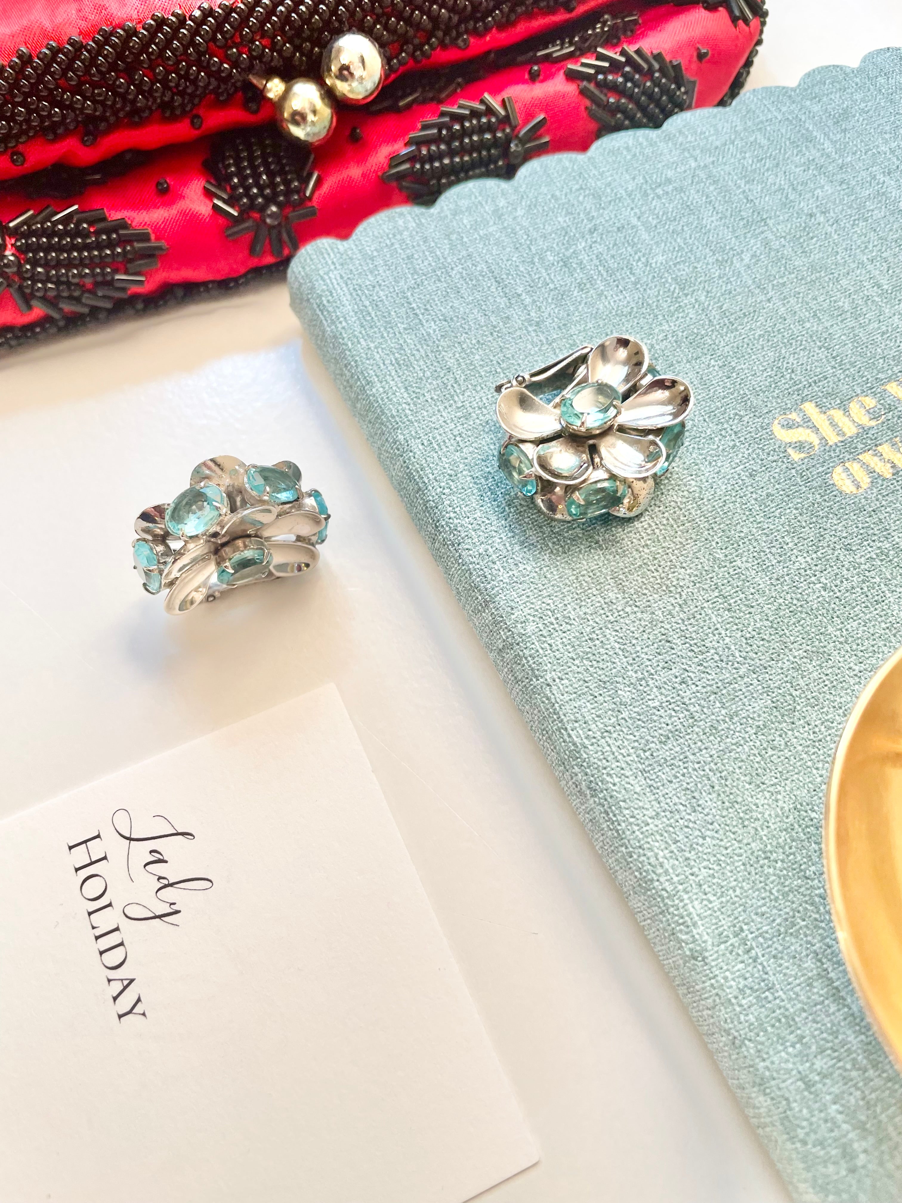Vintage 1950's elegant silver, and blue topaz flower earrings, so unique