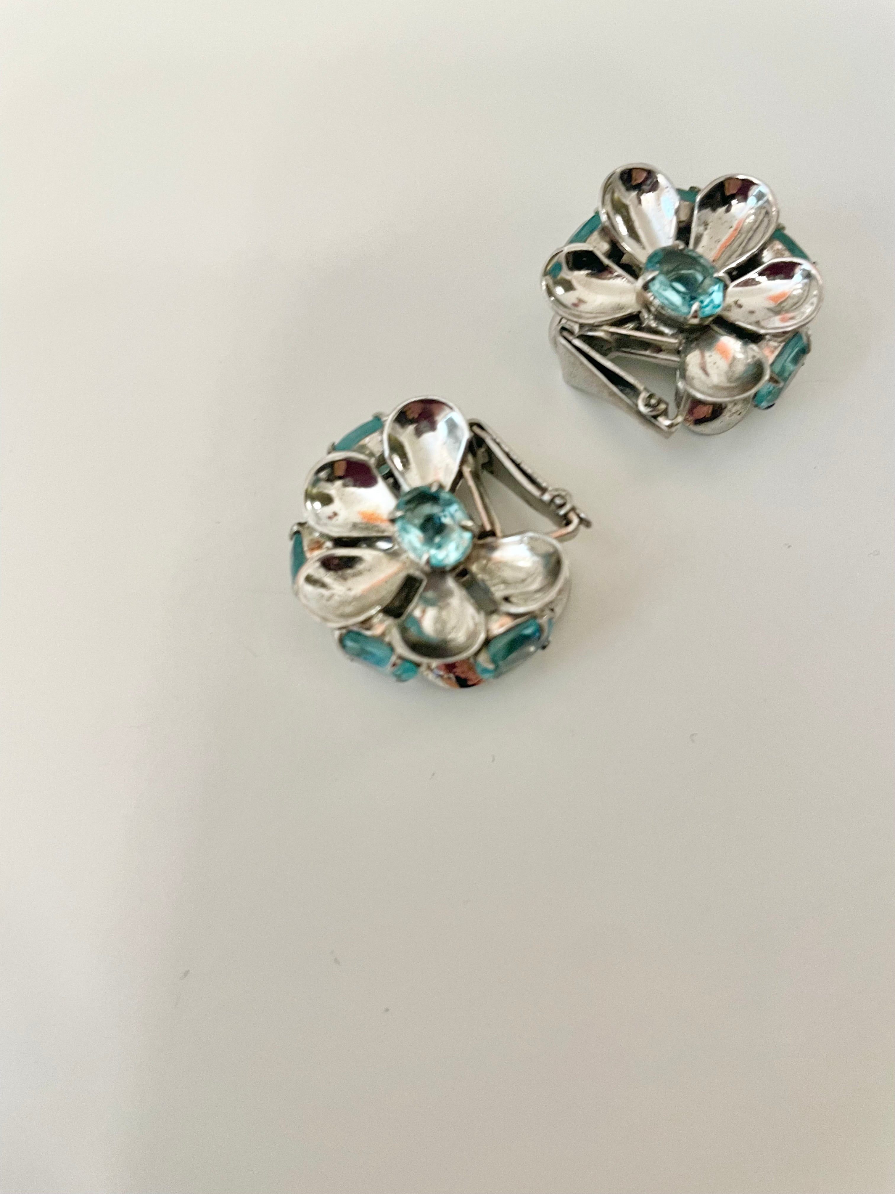 Vintage 1950's elegant silver, and blue topaz flower earrings, so unique