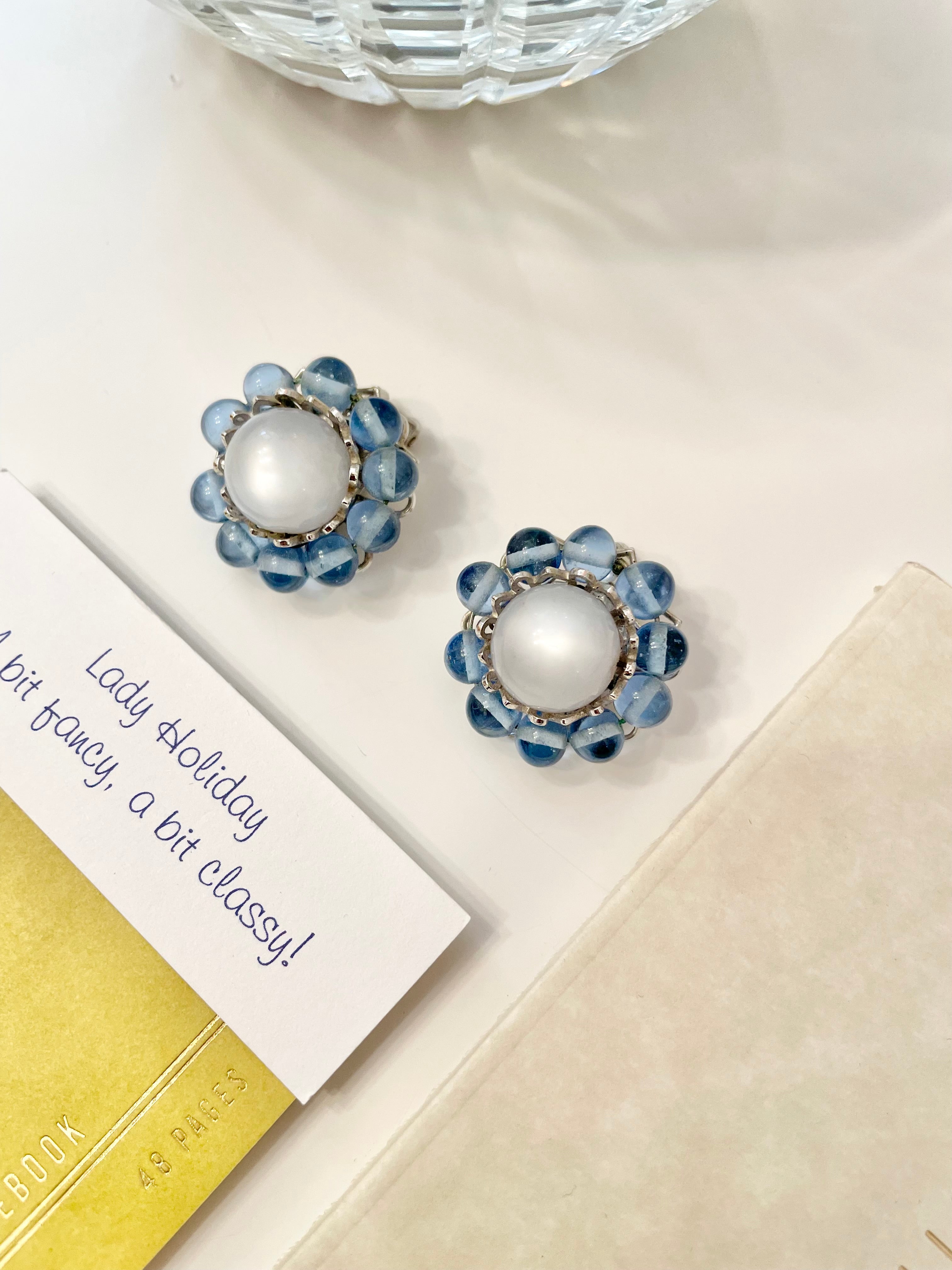 1960's darling blue moon glow cluster button earrings... so elegant