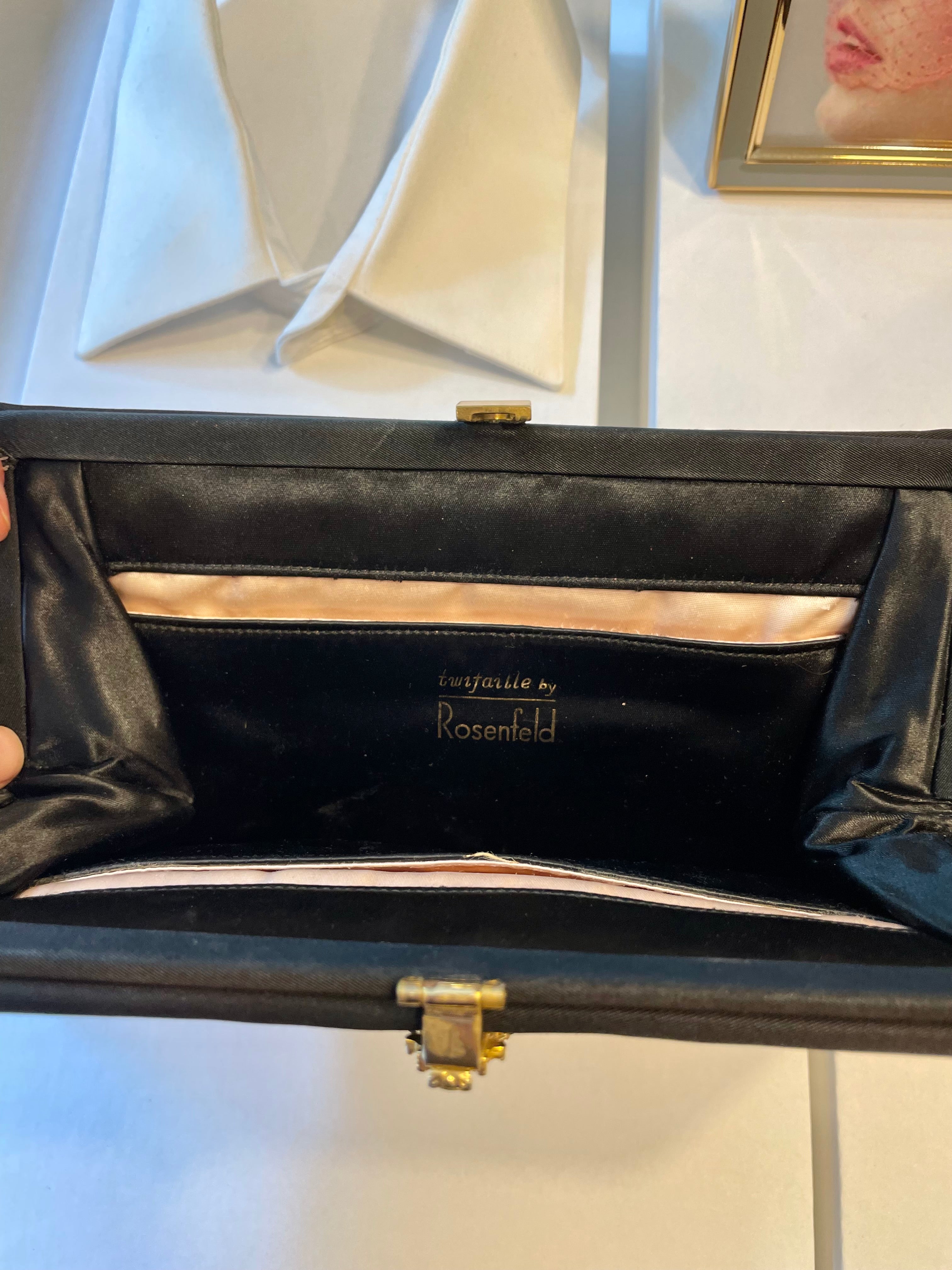 Vintage rare Rosenfeld, noir satin clutch bag, adorning a stunning closure... so glamorous!