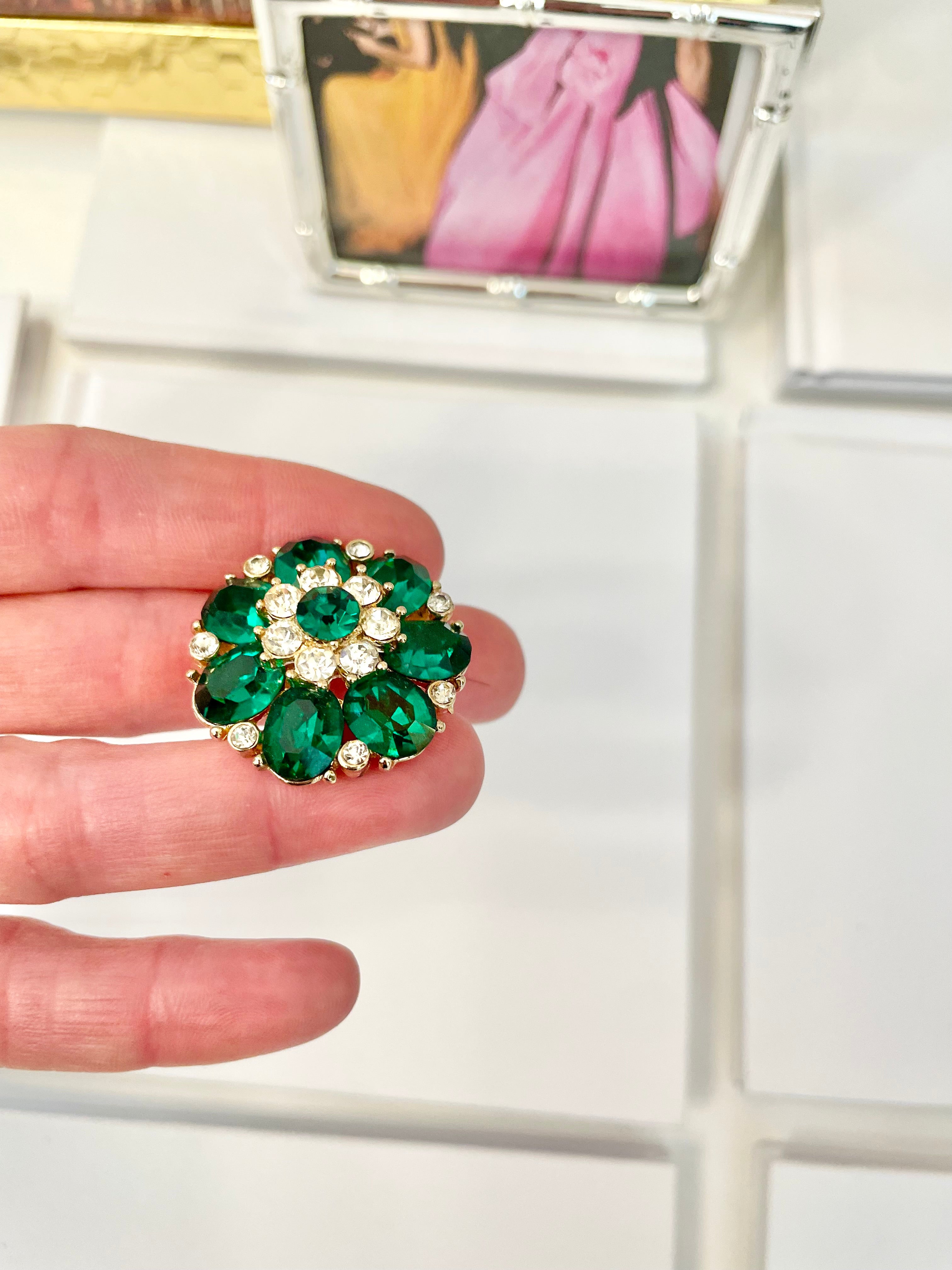 The prettiest petite emerald glass brooch.... so sweet