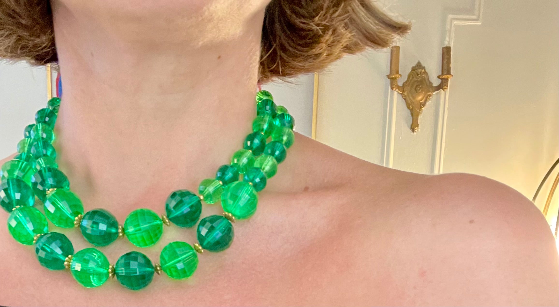 The Happy Hostess and her colorful life. This 1950's bright emerald, and bottle green faceted stone super chic necklace... this color is outstanding!!