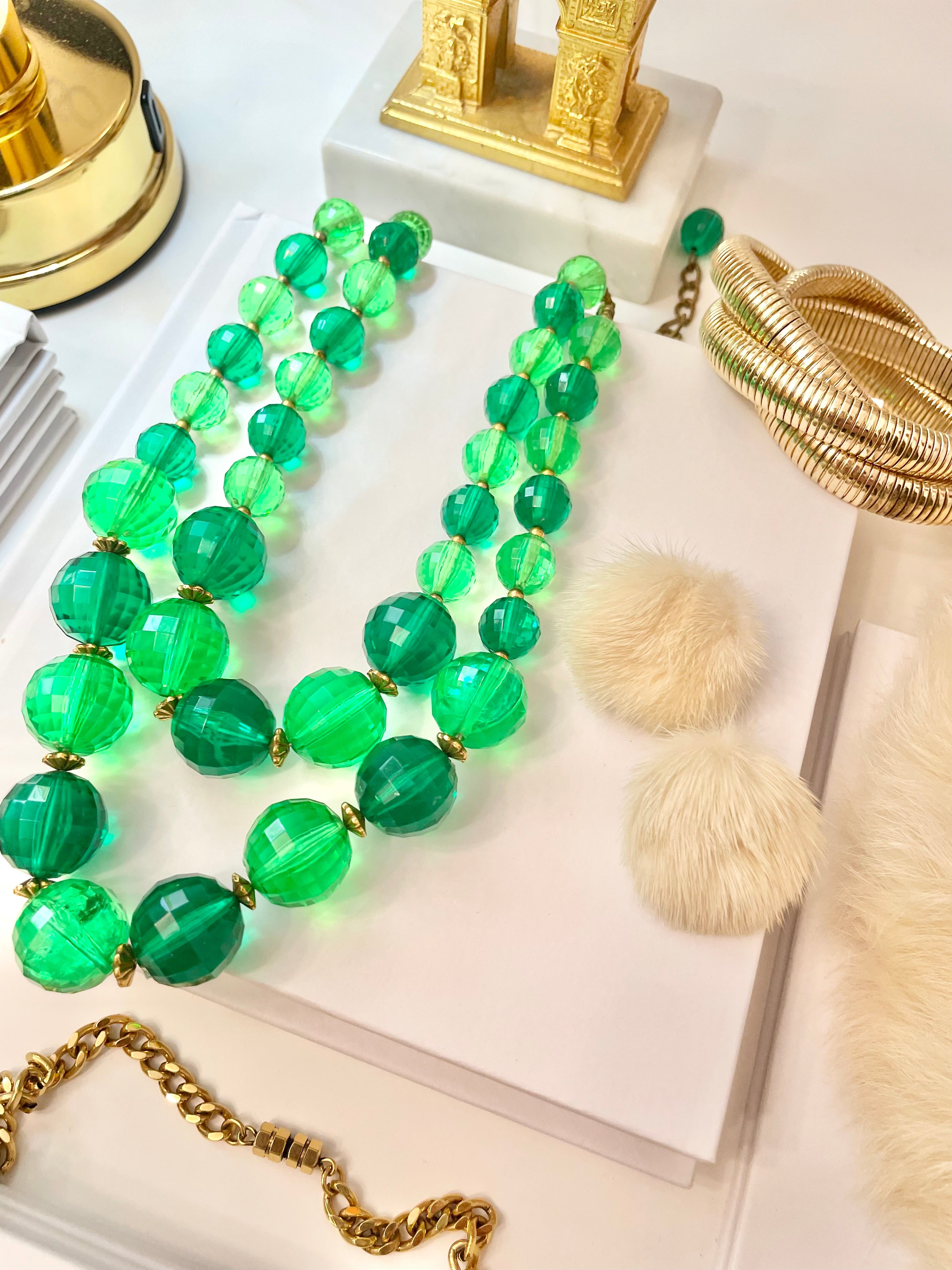 The Happy Hostess and her colorful life. This 1950's bright emerald, and bottle green faceted stone super chic necklace... this color is outstanding!!