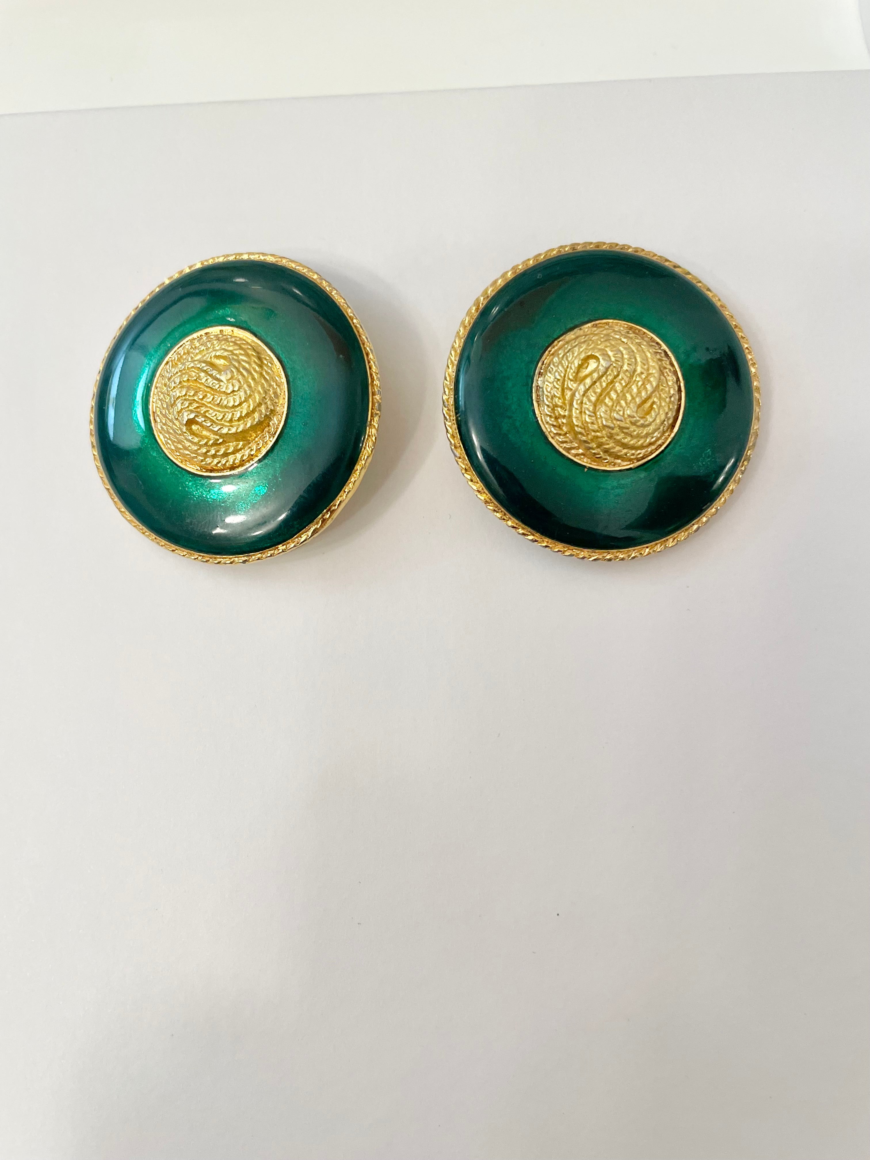 1970's truly elegant emerald enamel button earrings...So divine!