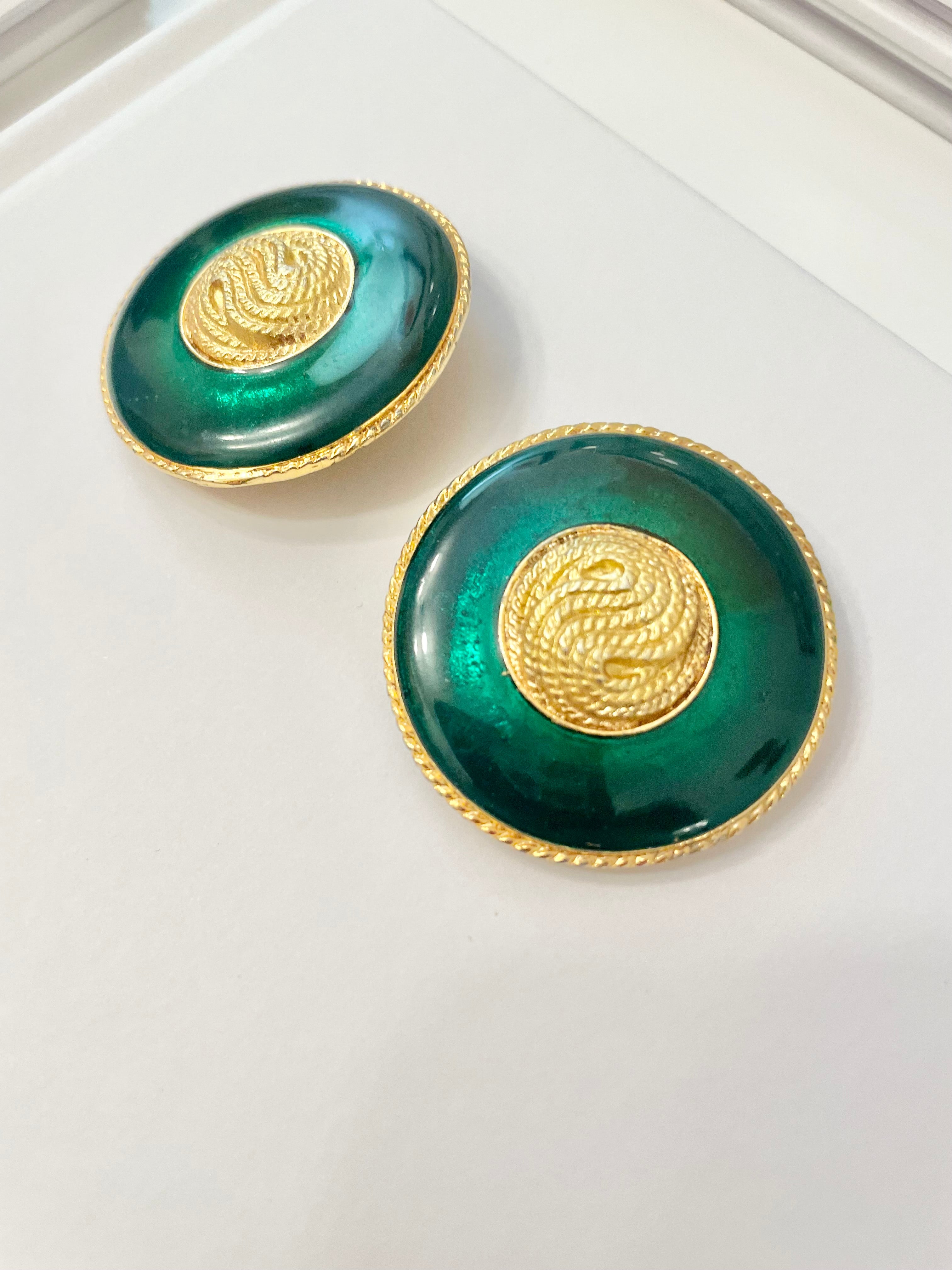 1970's truly elegant emerald enamel button earrings...So divine!