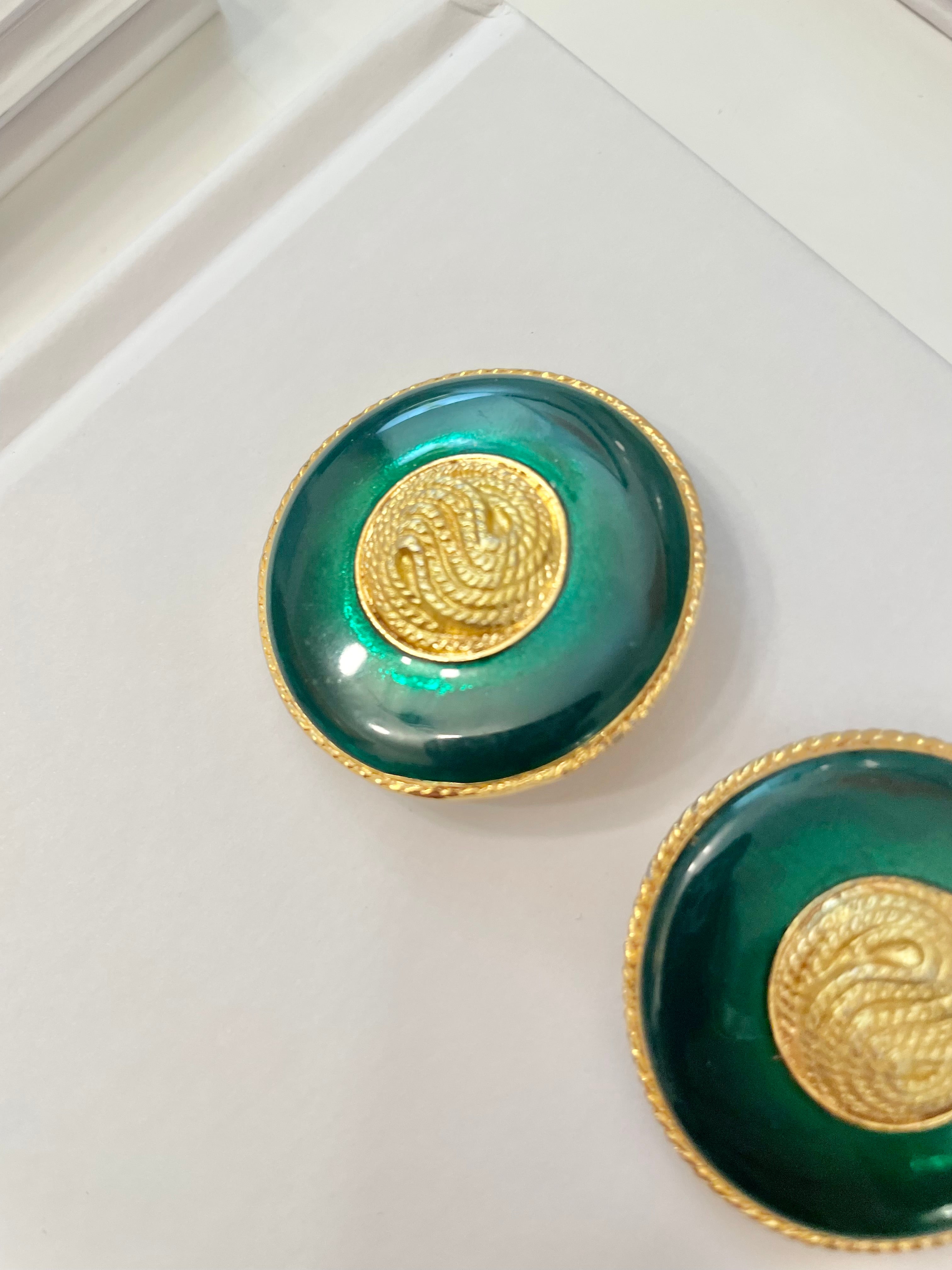 1970's truly elegant emerald enamel button earrings...So divine!