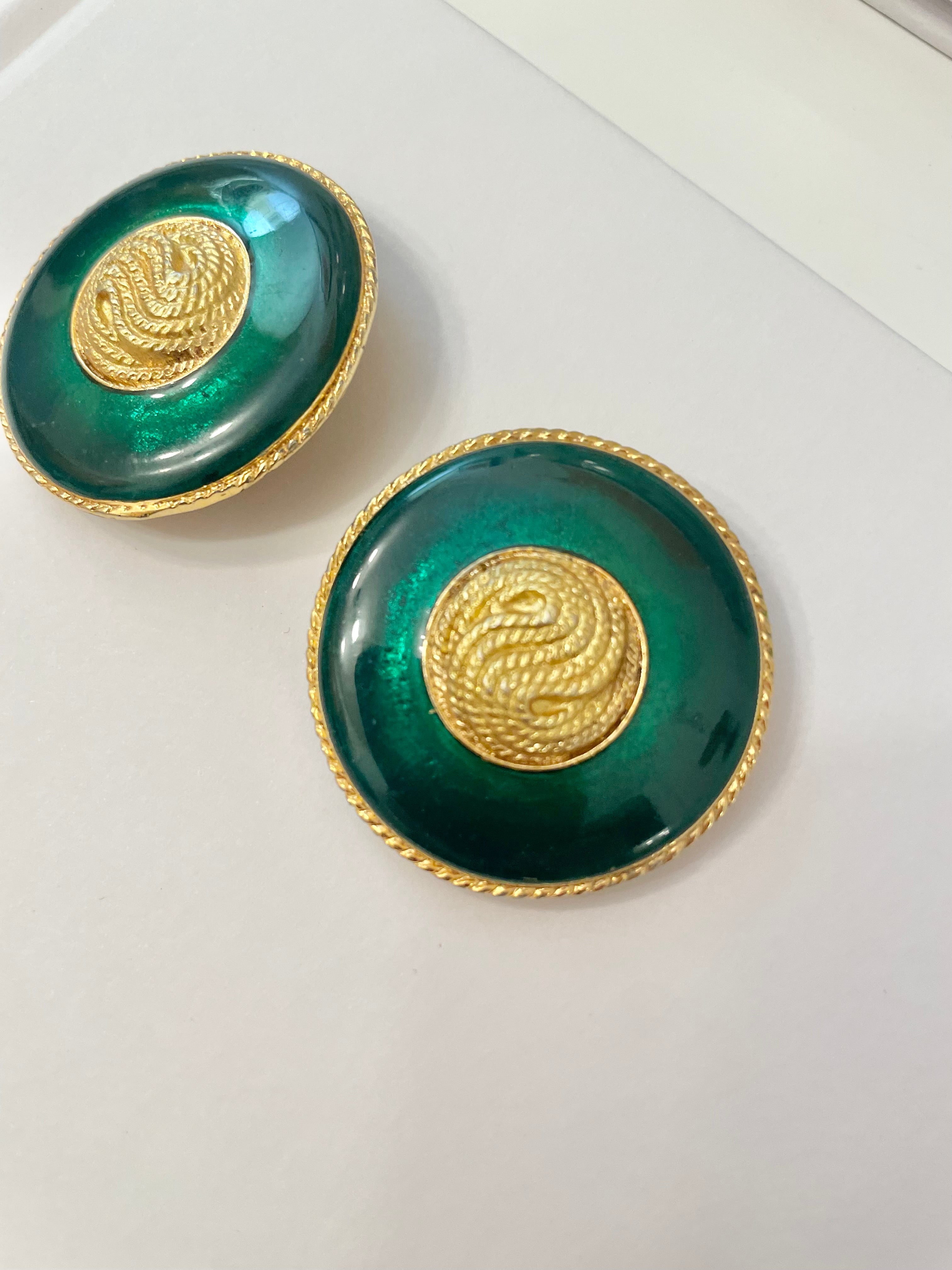 1970's truly elegant emerald enamel button earrings...So divine!