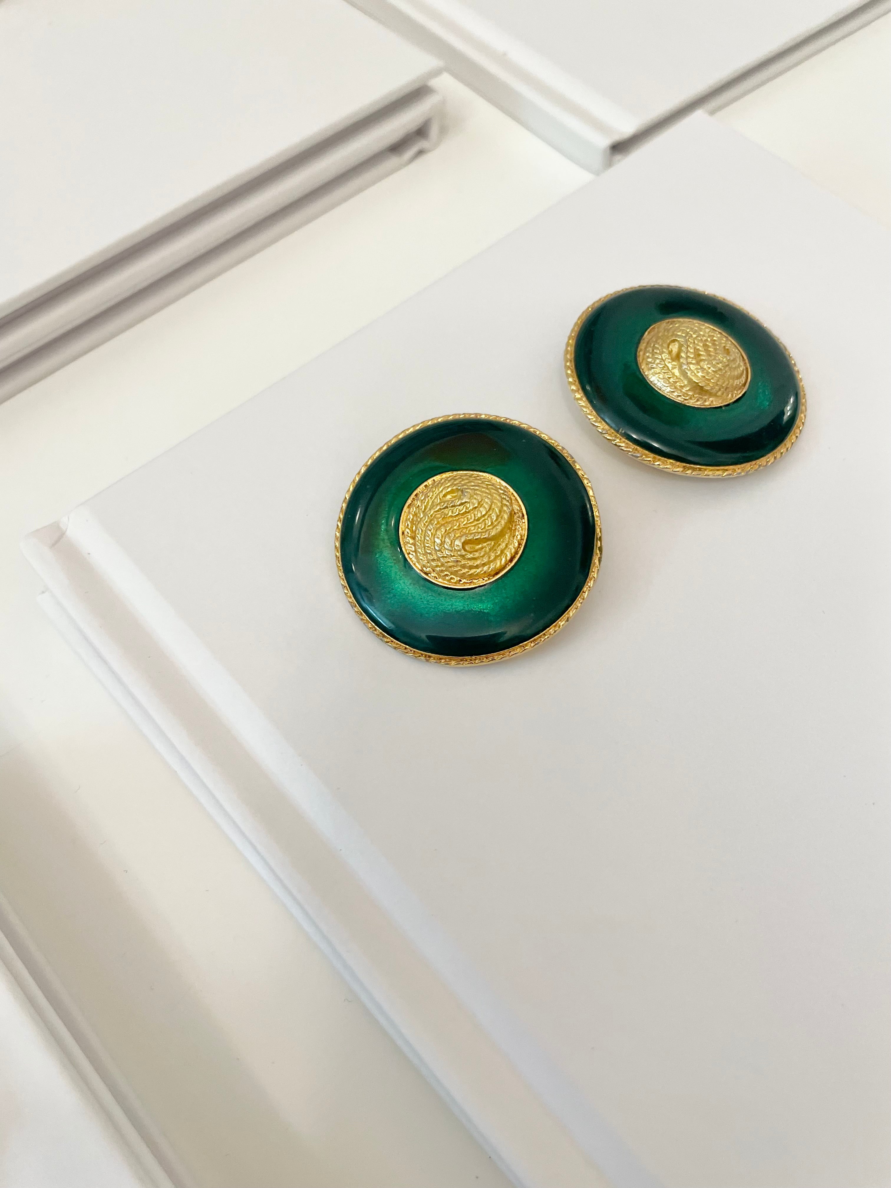 1970's truly elegant emerald enamel button earrings...So divine!