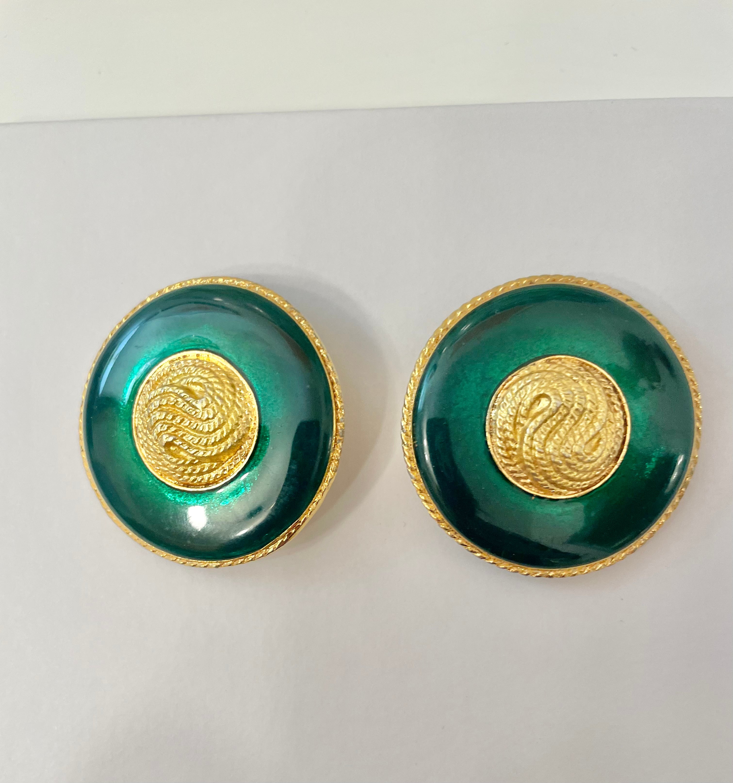 1970's truly elegant emerald enamel button earrings...So divine!