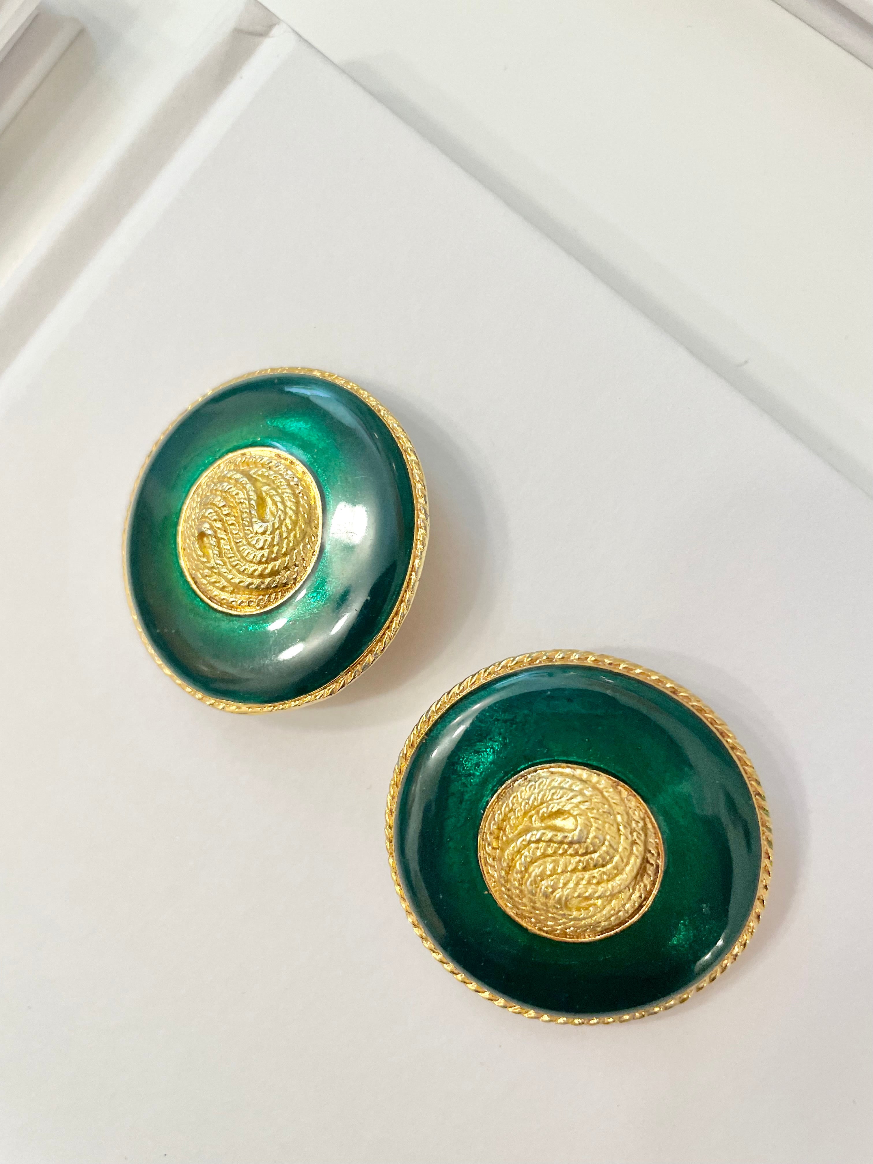 1970's truly elegant emerald enamel button earrings...So divine!