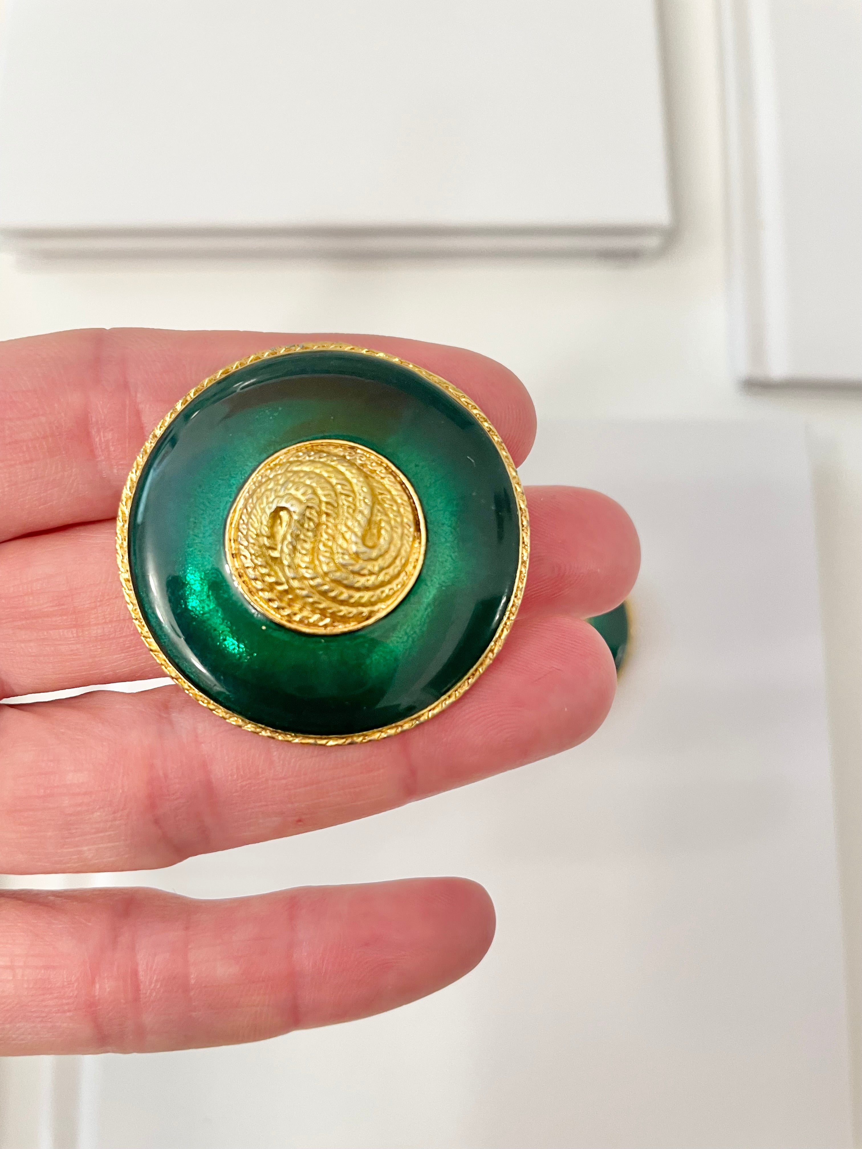 1970's truly elegant emerald enamel button earrings...So divine!