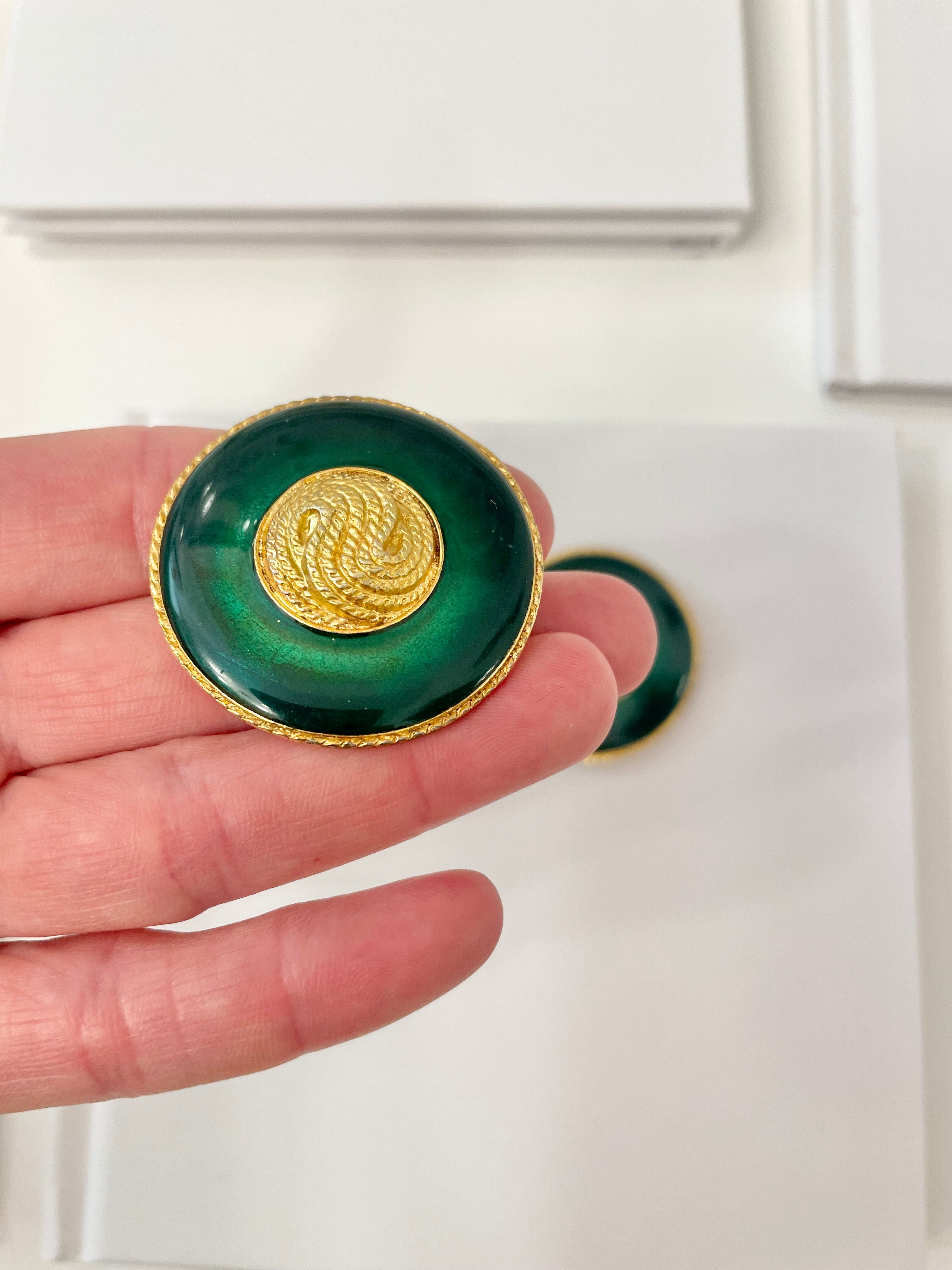 1970's truly elegant emerald enamel button earrings...So divine!