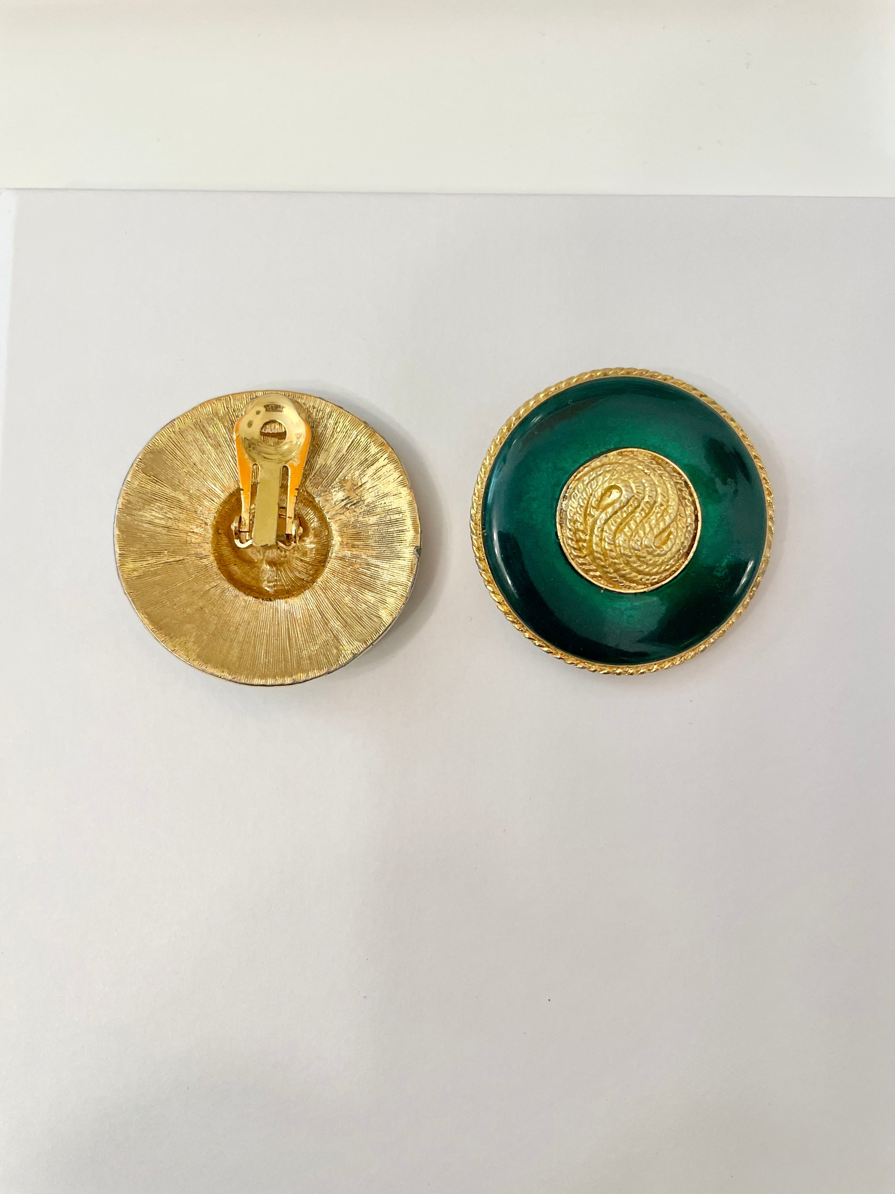 1970's truly elegant emerald enamel button earrings...So divine!