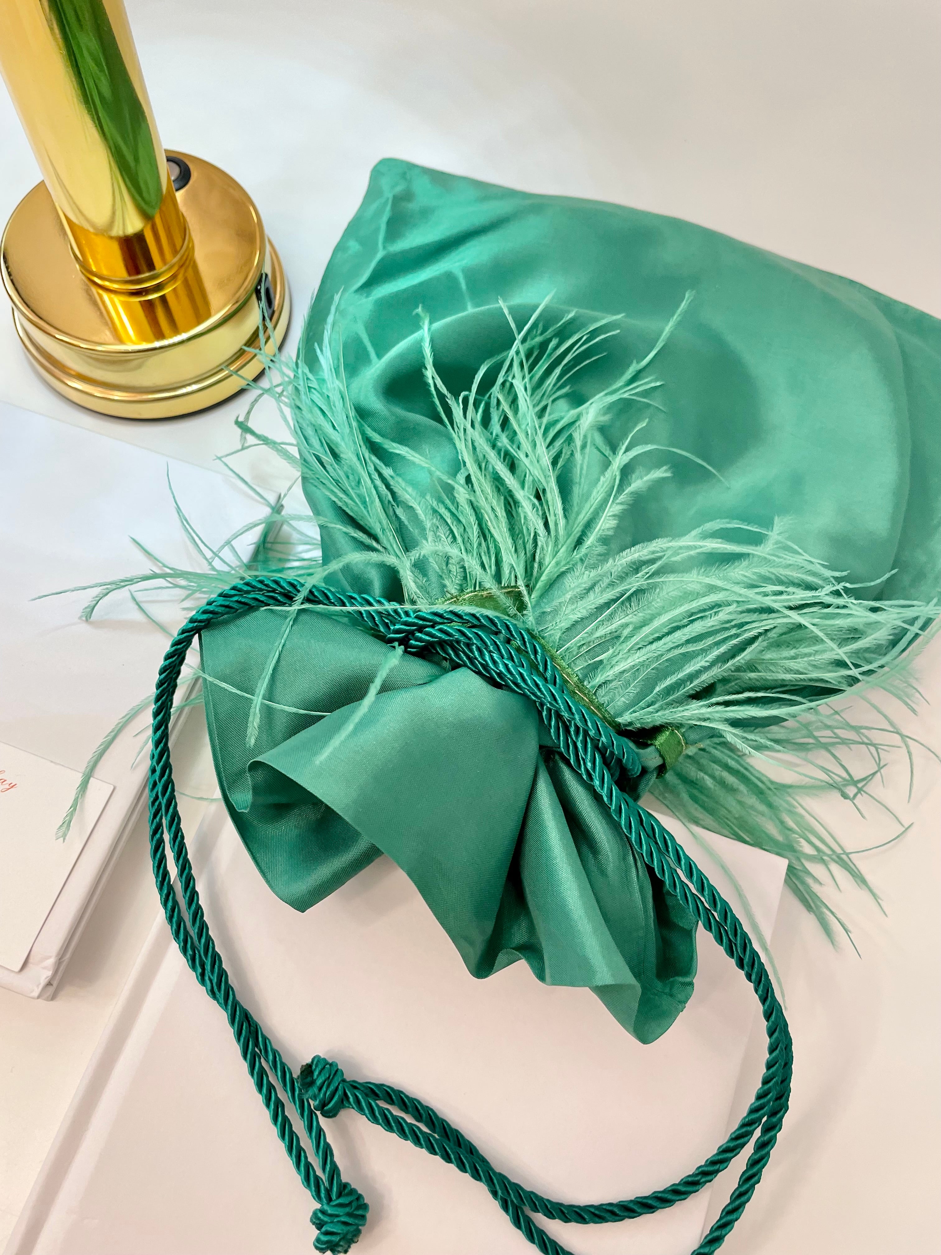 Vintage Italian emerald satin bag, adorned with ostrich feathers...so elegant!
