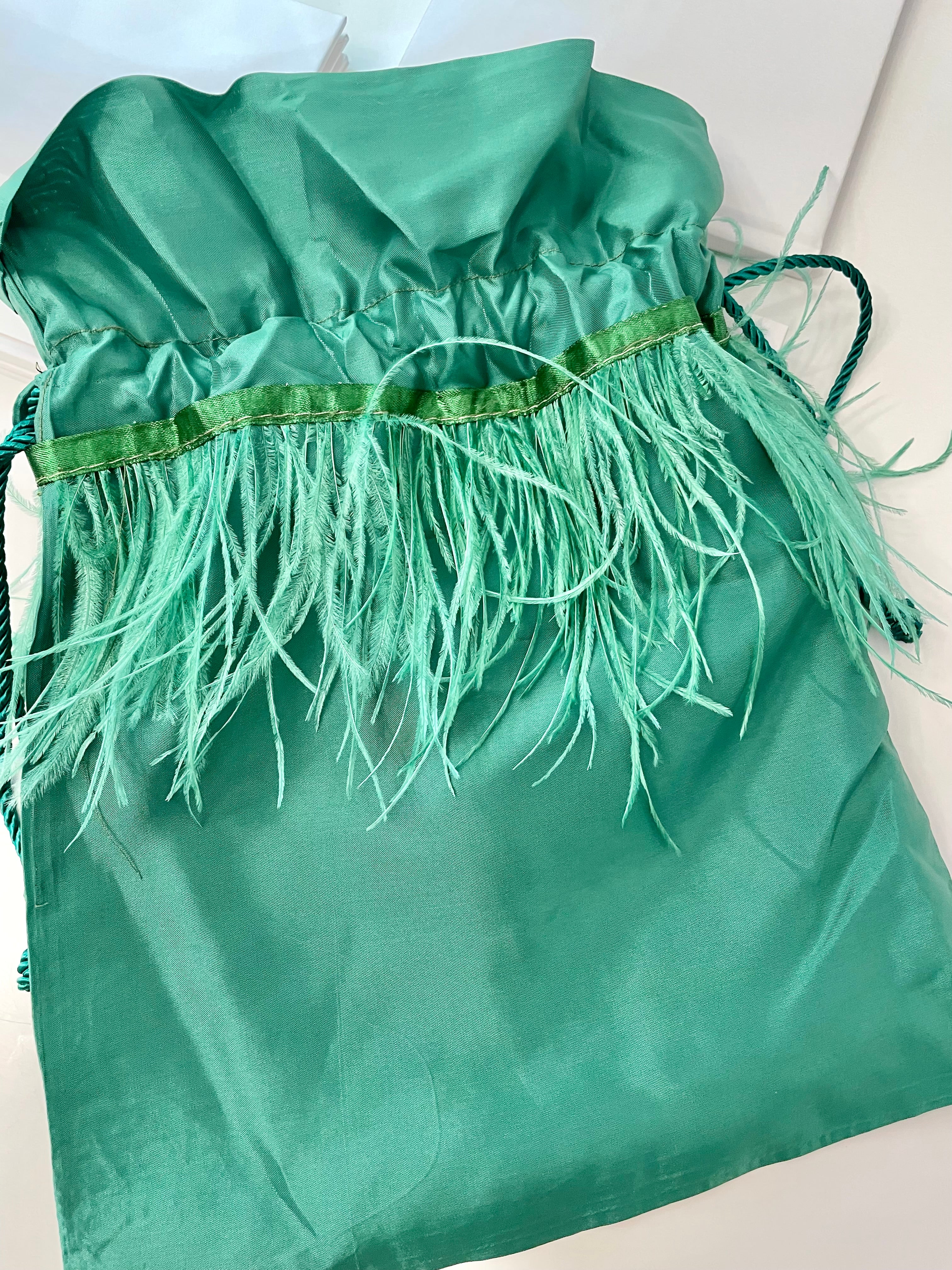 Vintage Italian emerald satin bag, adorned with ostrich feathers...so elegant!